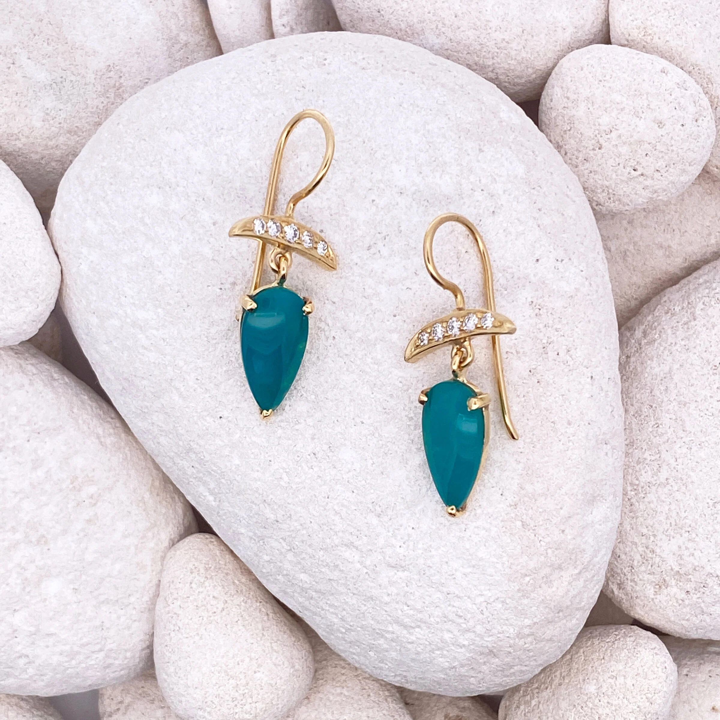 14k Gold, Gem Silica Teardrop & Diamond Earrings - Image 3