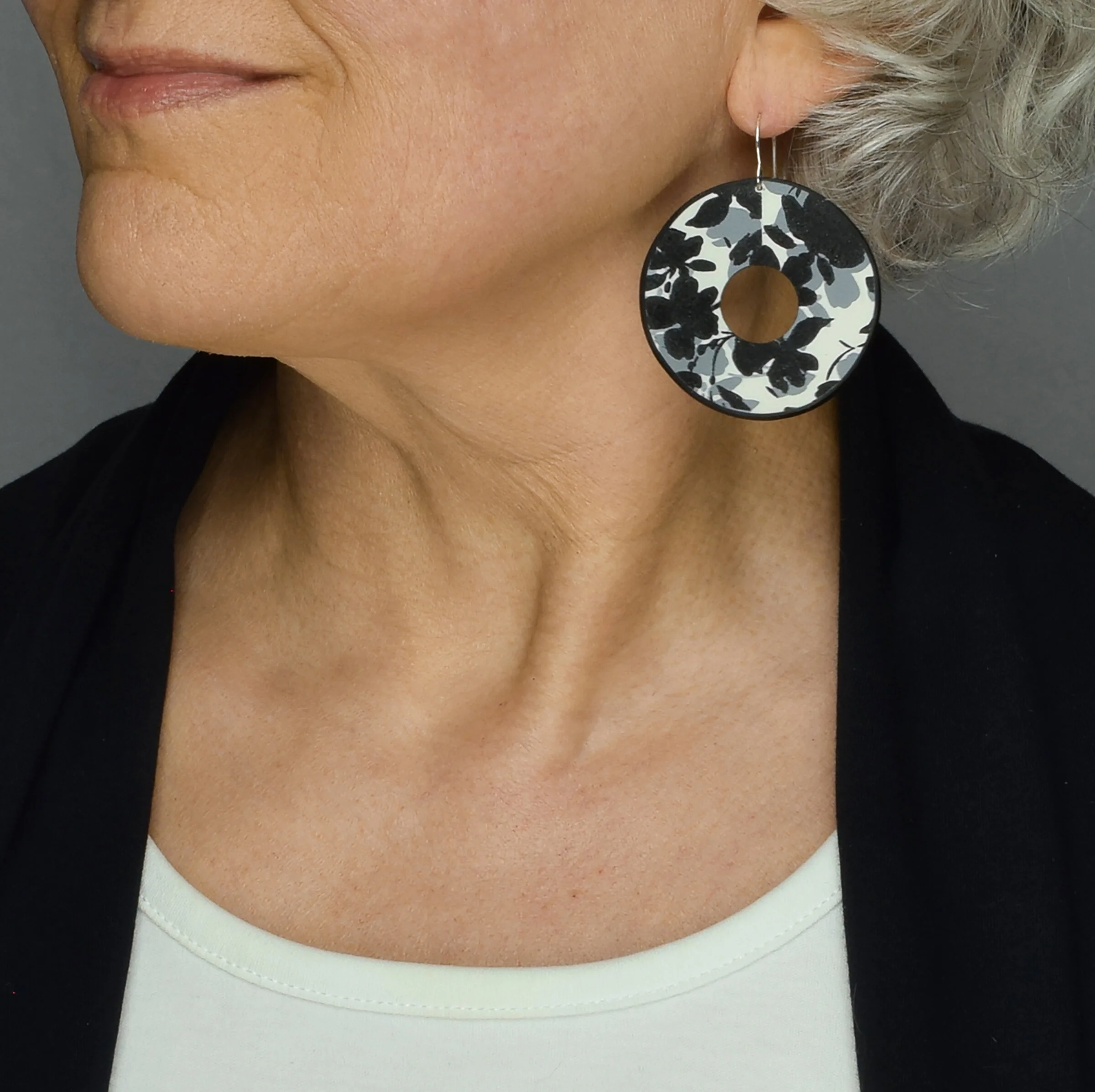 Abstract Floral Circle Earrings - Black & White - Image 2