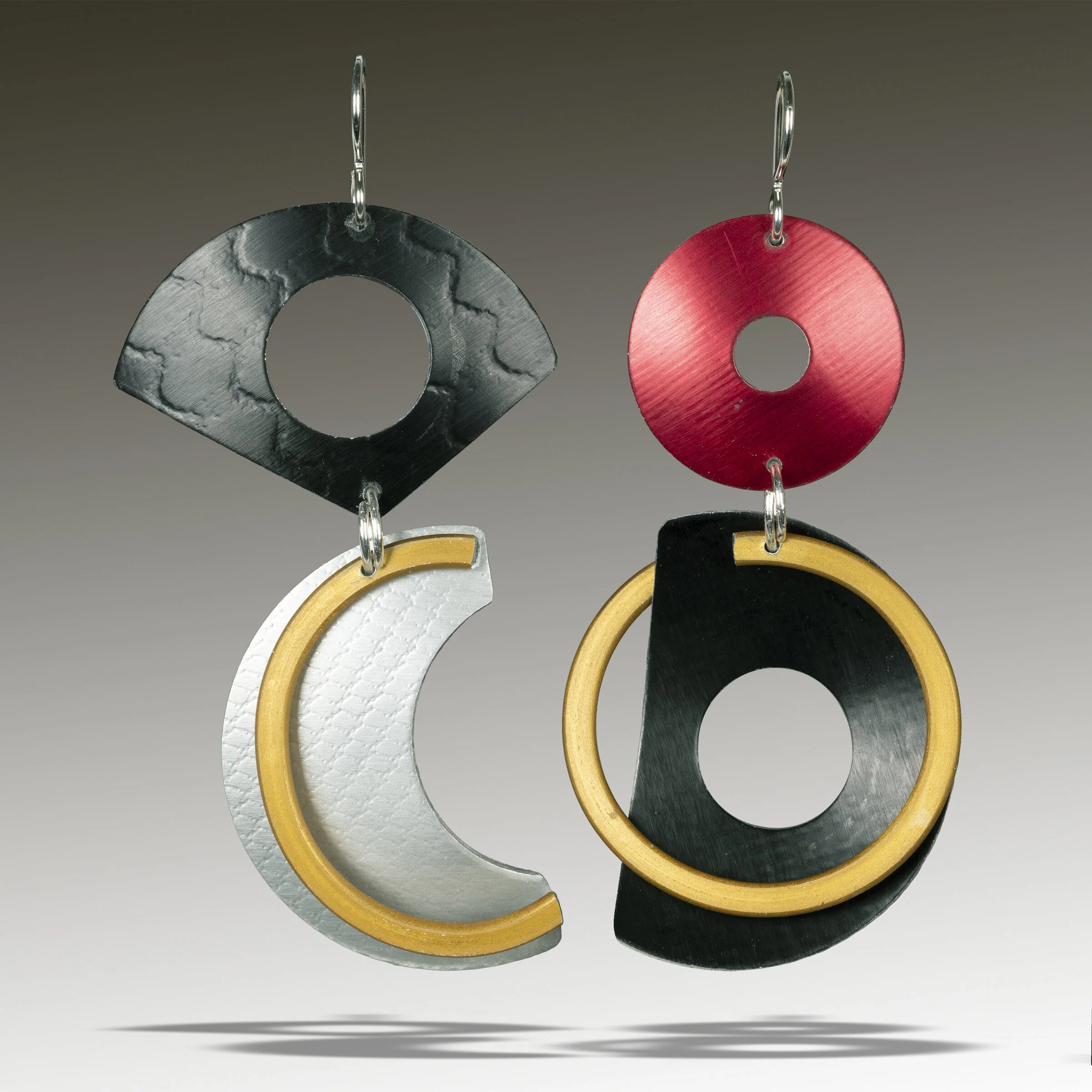 Alphabet B Earrings - Black, Silver, Red & Gold