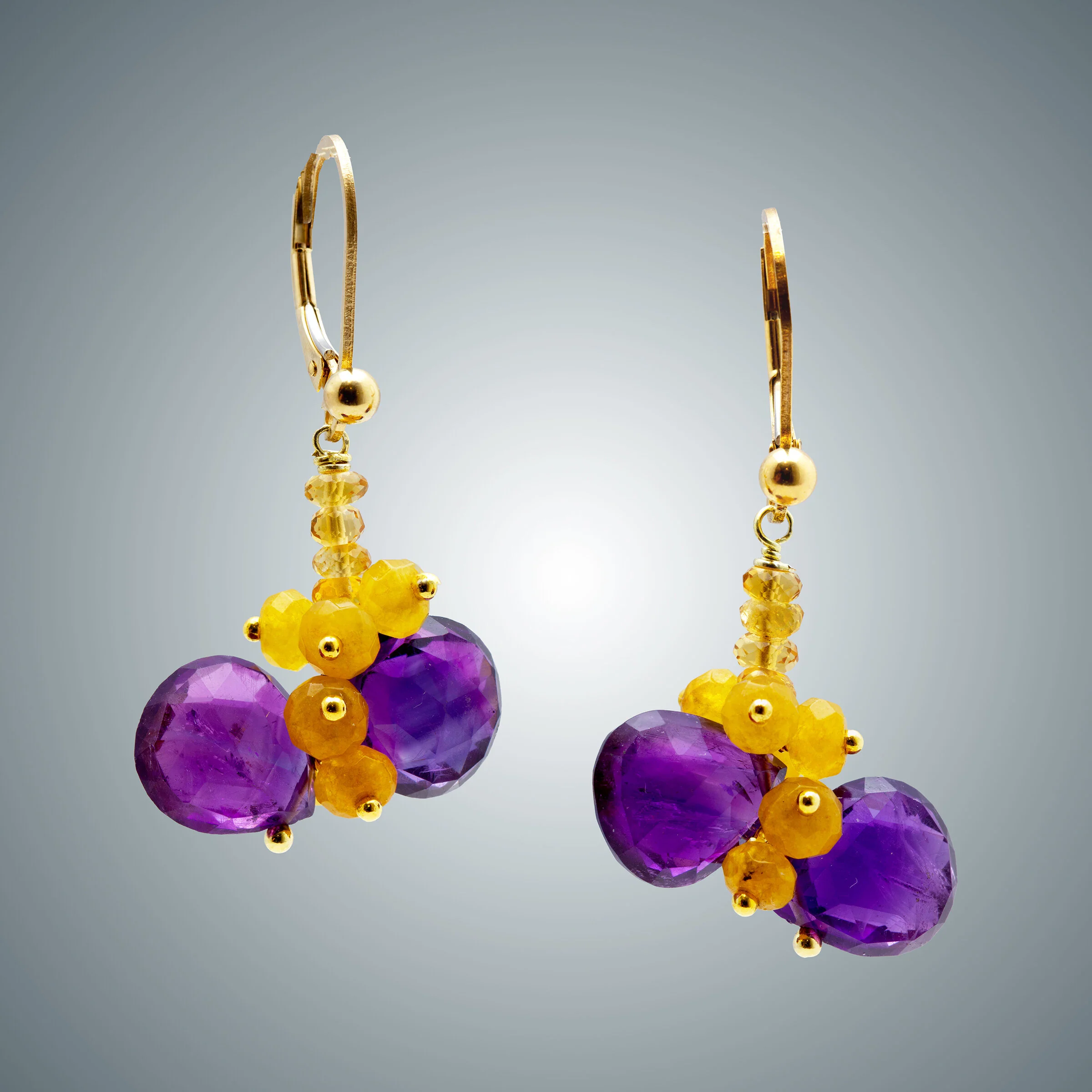 Amethyst, Yellow Jade, and Gold Citrine Earrings