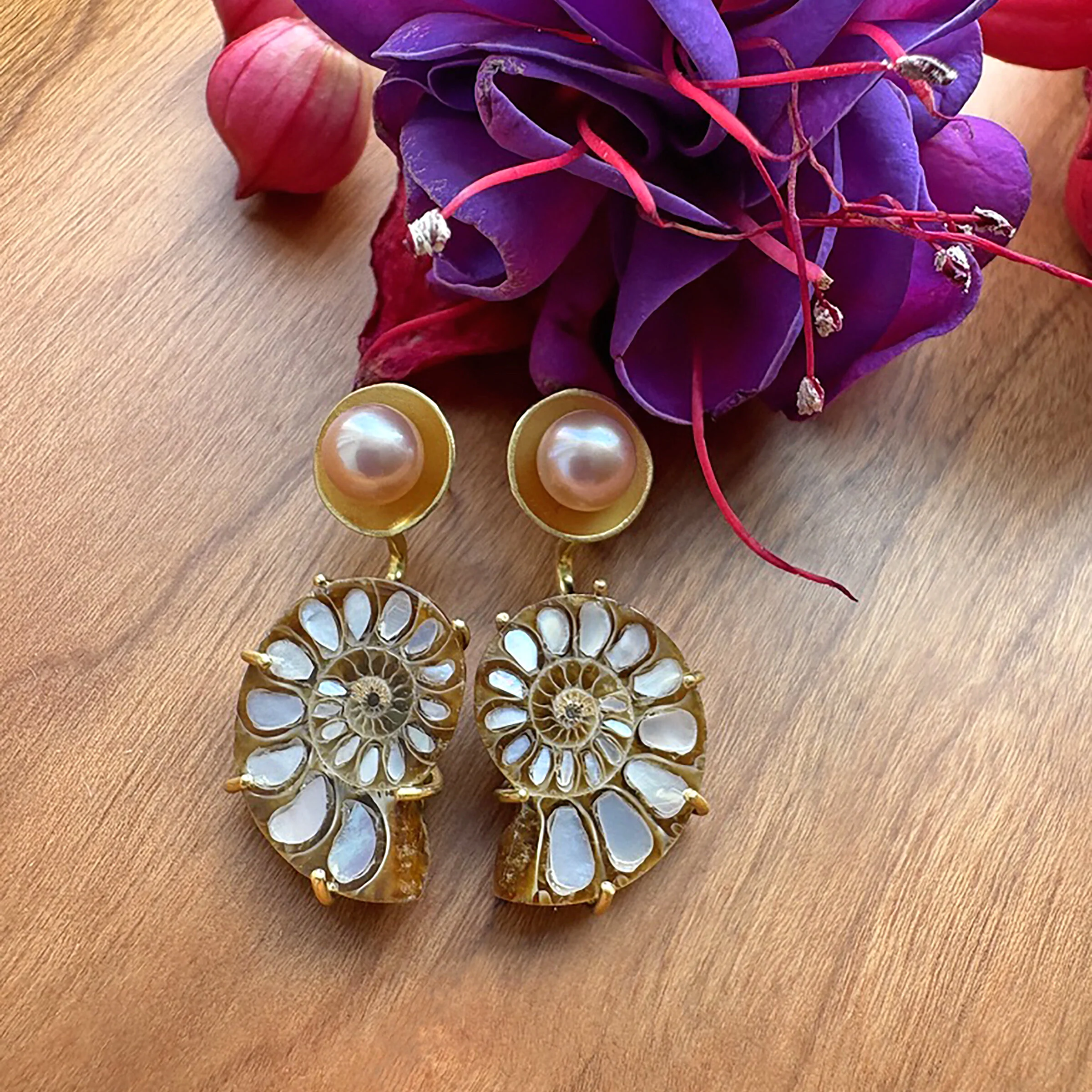 Ammonite and Pearl Basket Earrings - Image 4