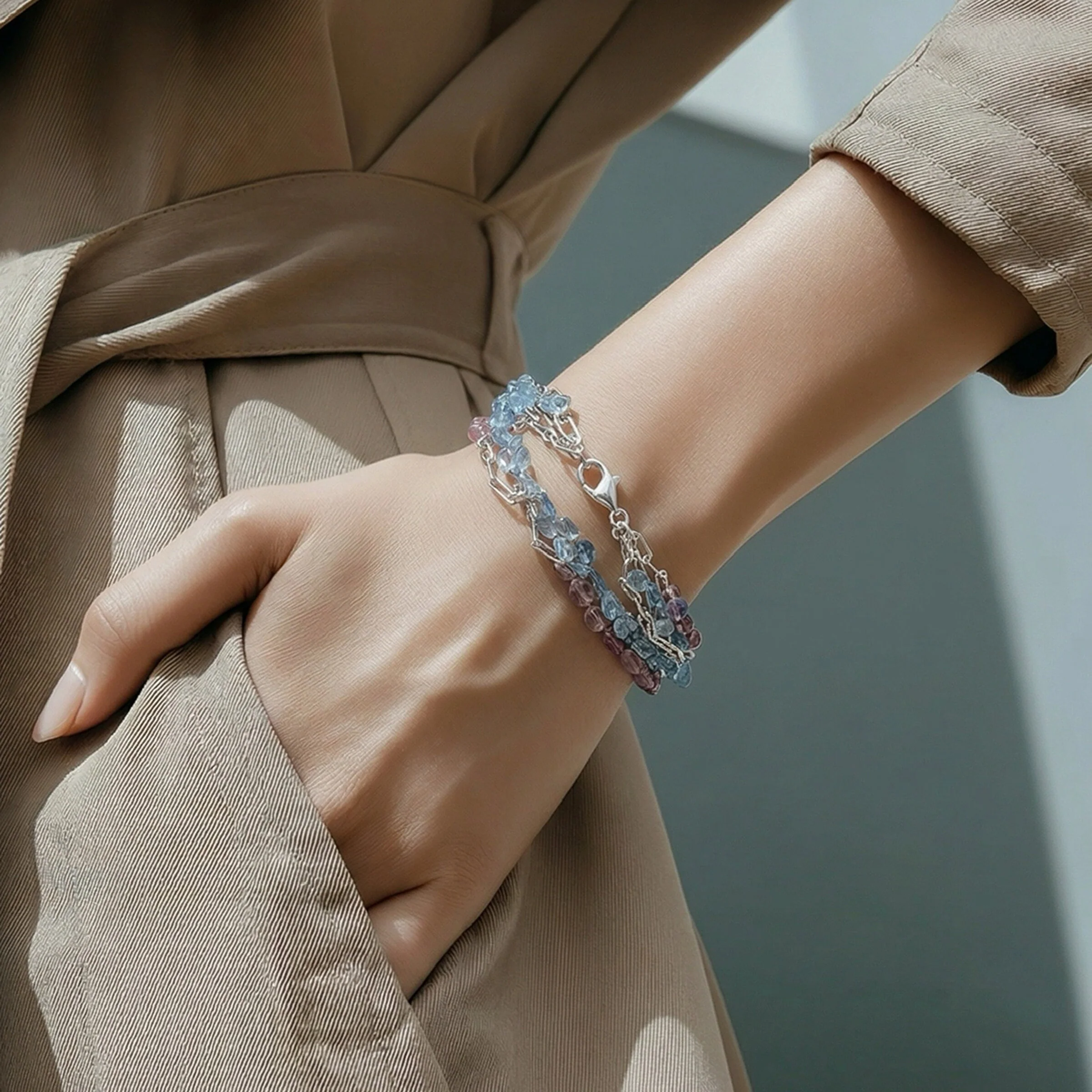 Aquamarine, Garnet & Silver Four-Strand Bracelet - Image 2