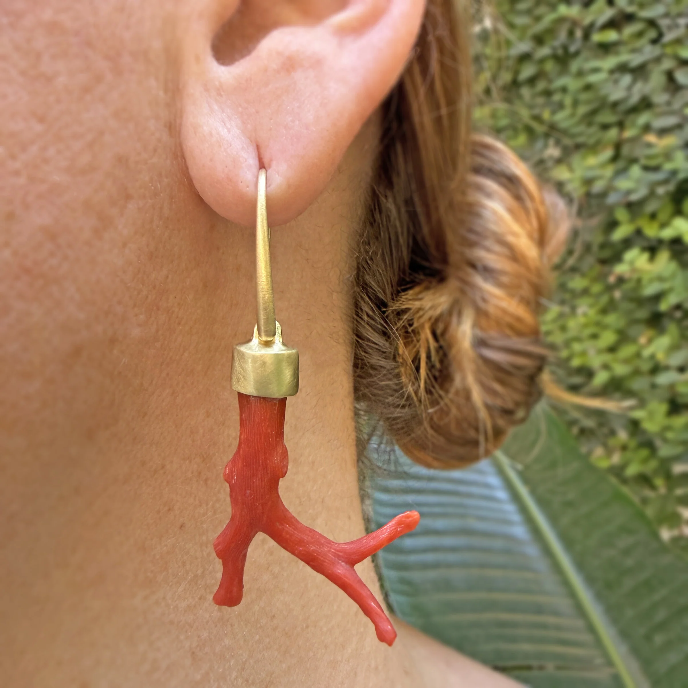Asymmetrical Red Coral Branch Earrings - Image 3