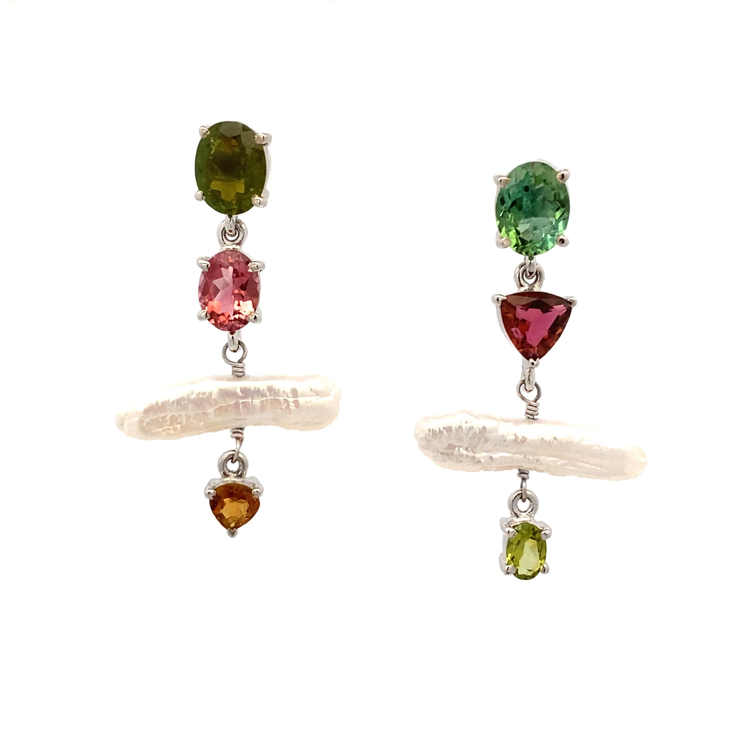 Asymmetrical Tourmaline & Stick Pearl Earrings