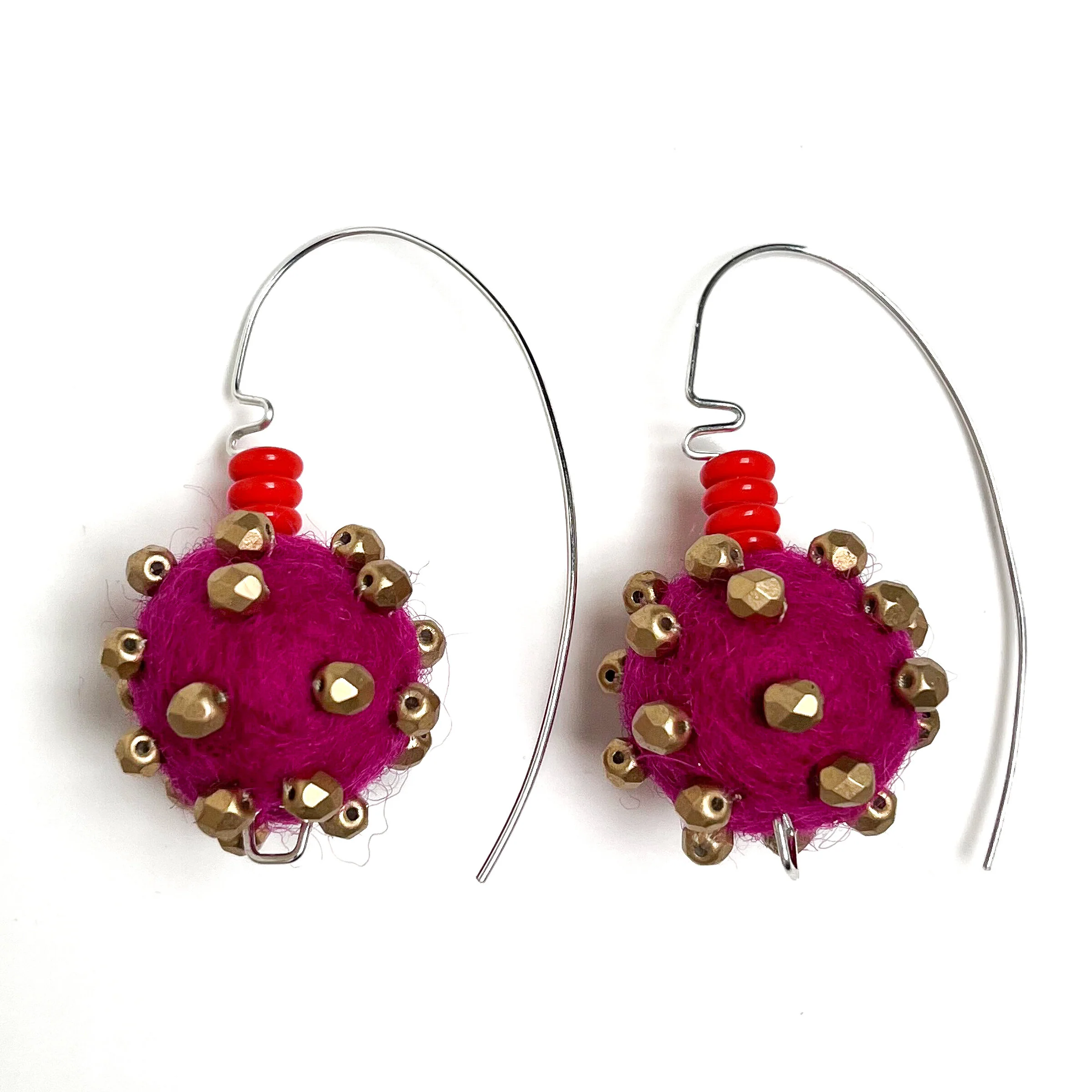 Beaded Felt Earrings - Magenta with Tomato & Bronze Beads