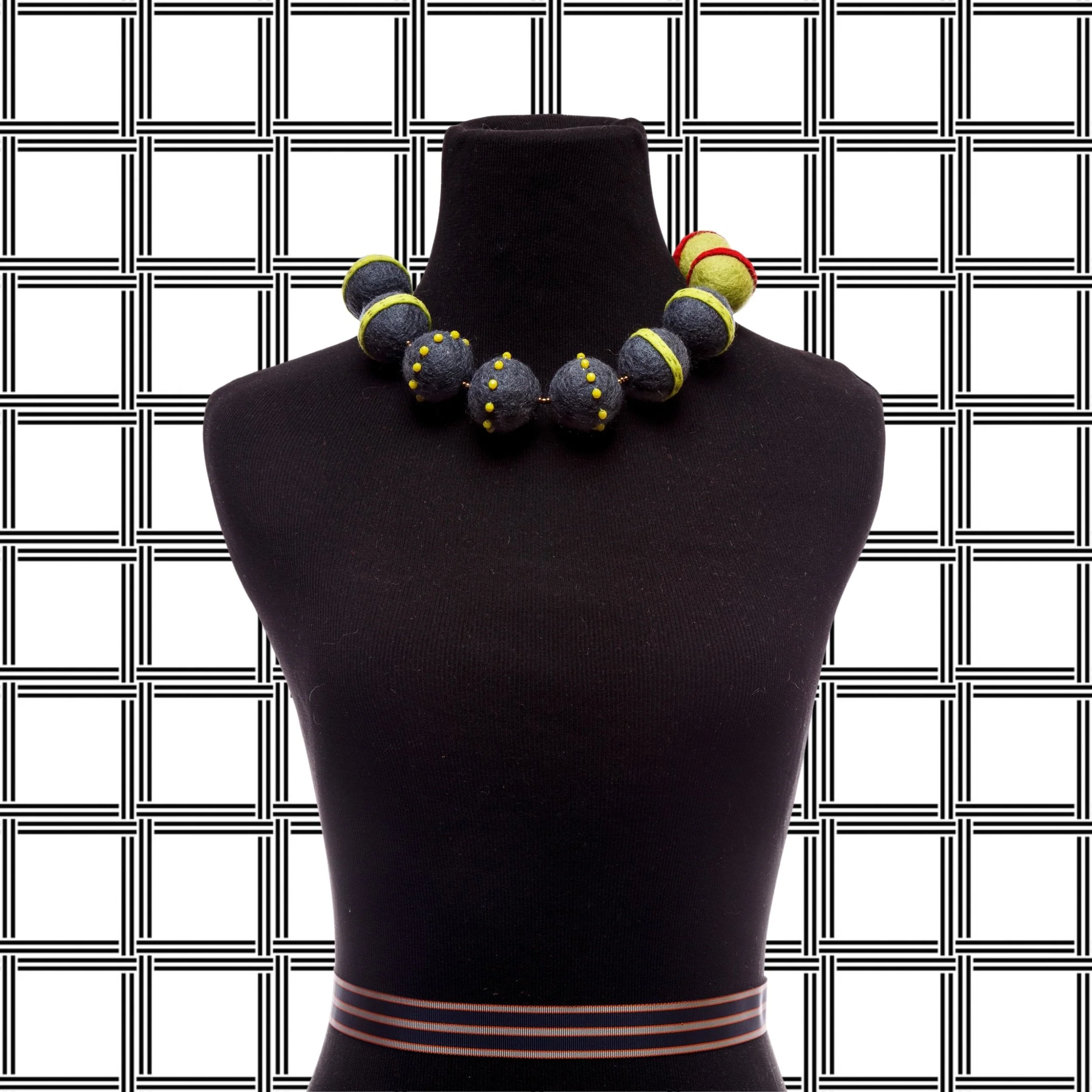 Big Felt-Stripe Necklace - Charcoal & Chartreuse - Image 2