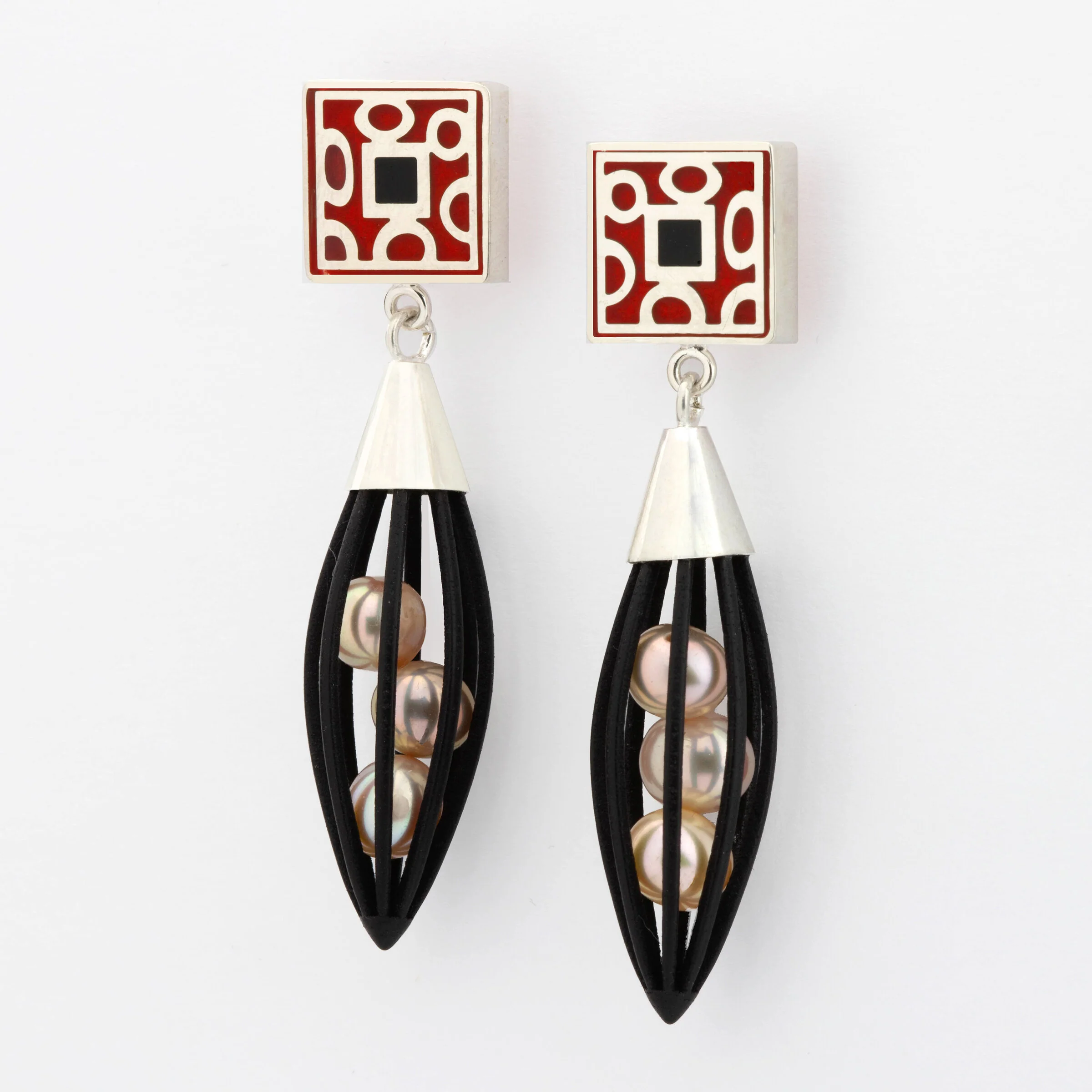 Black Geometric Squares Drop Earrings - Black with Pink Pearls