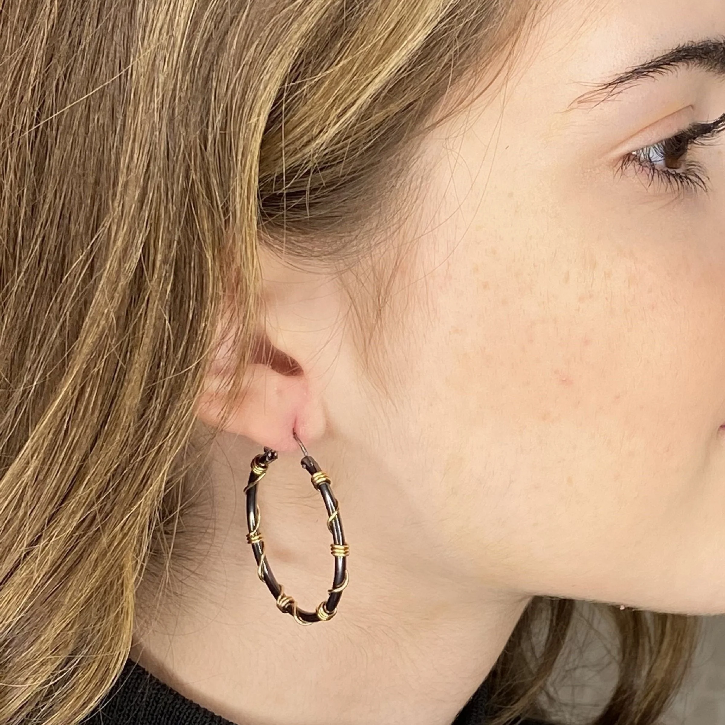 Black & Gold Wrapped Hoop Earrings - Image 2