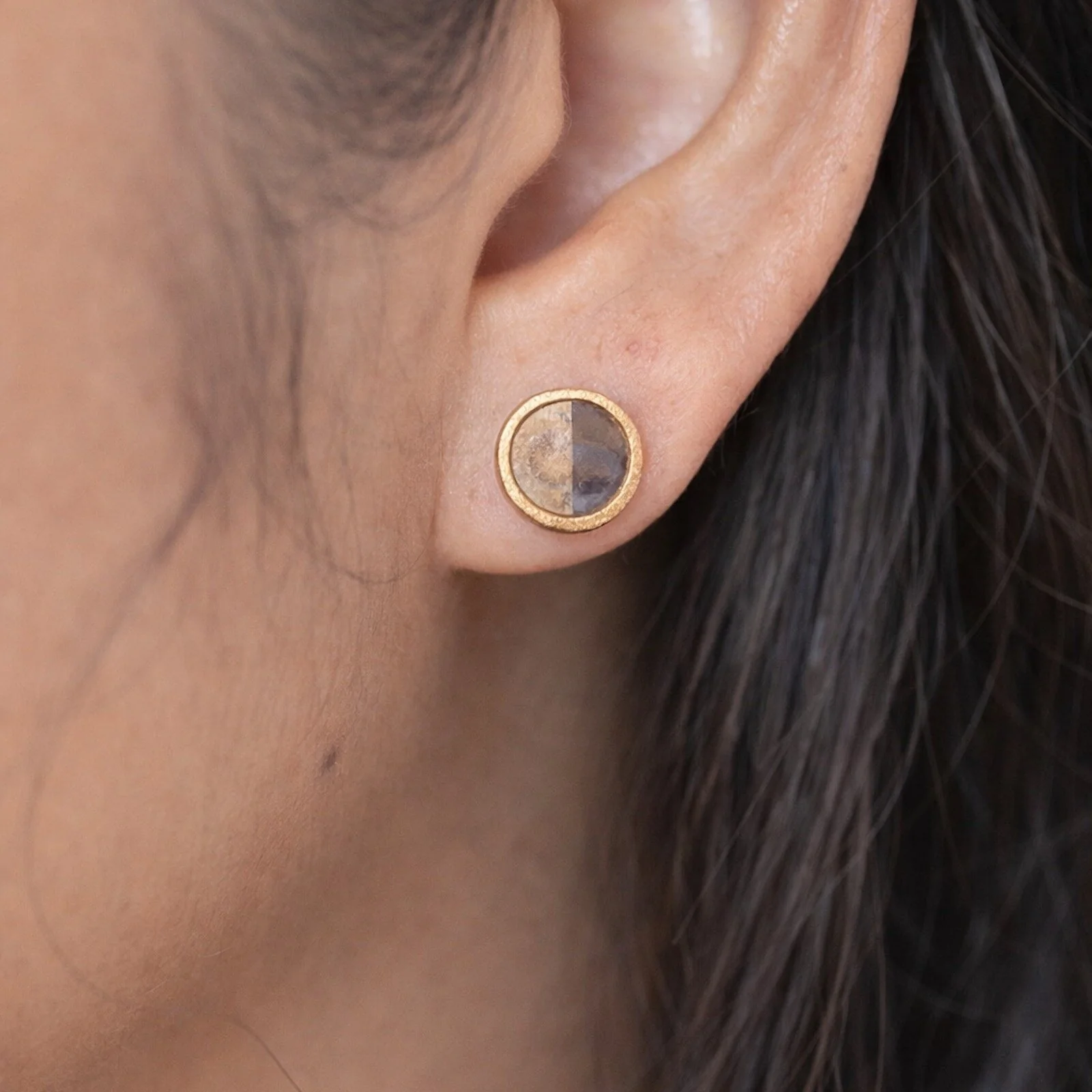 Blue Chalcedony and Fossilized Coral Gold Intarsia Stud Earrings - Image 2