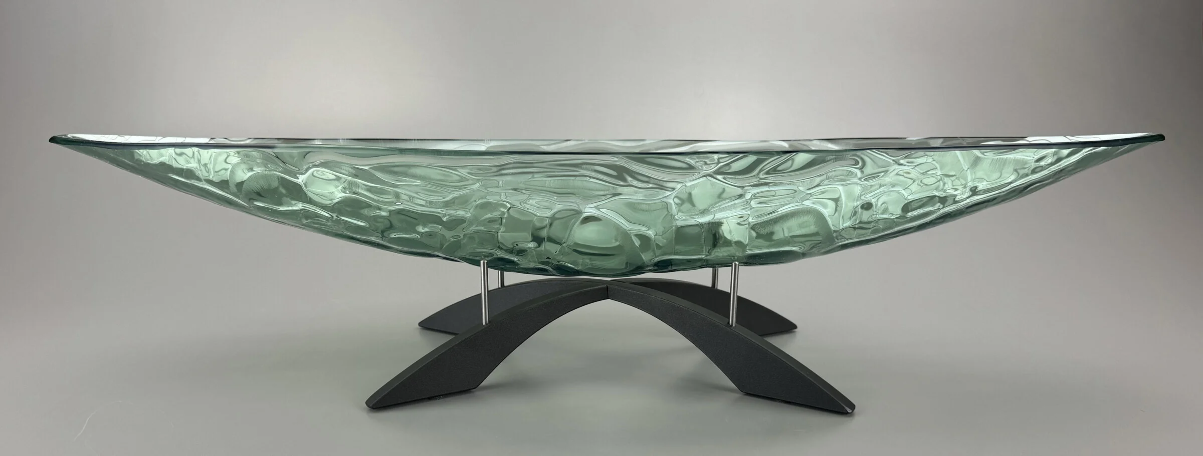 Blue Grass Glass Boat on Intersecting Arch Pedestal