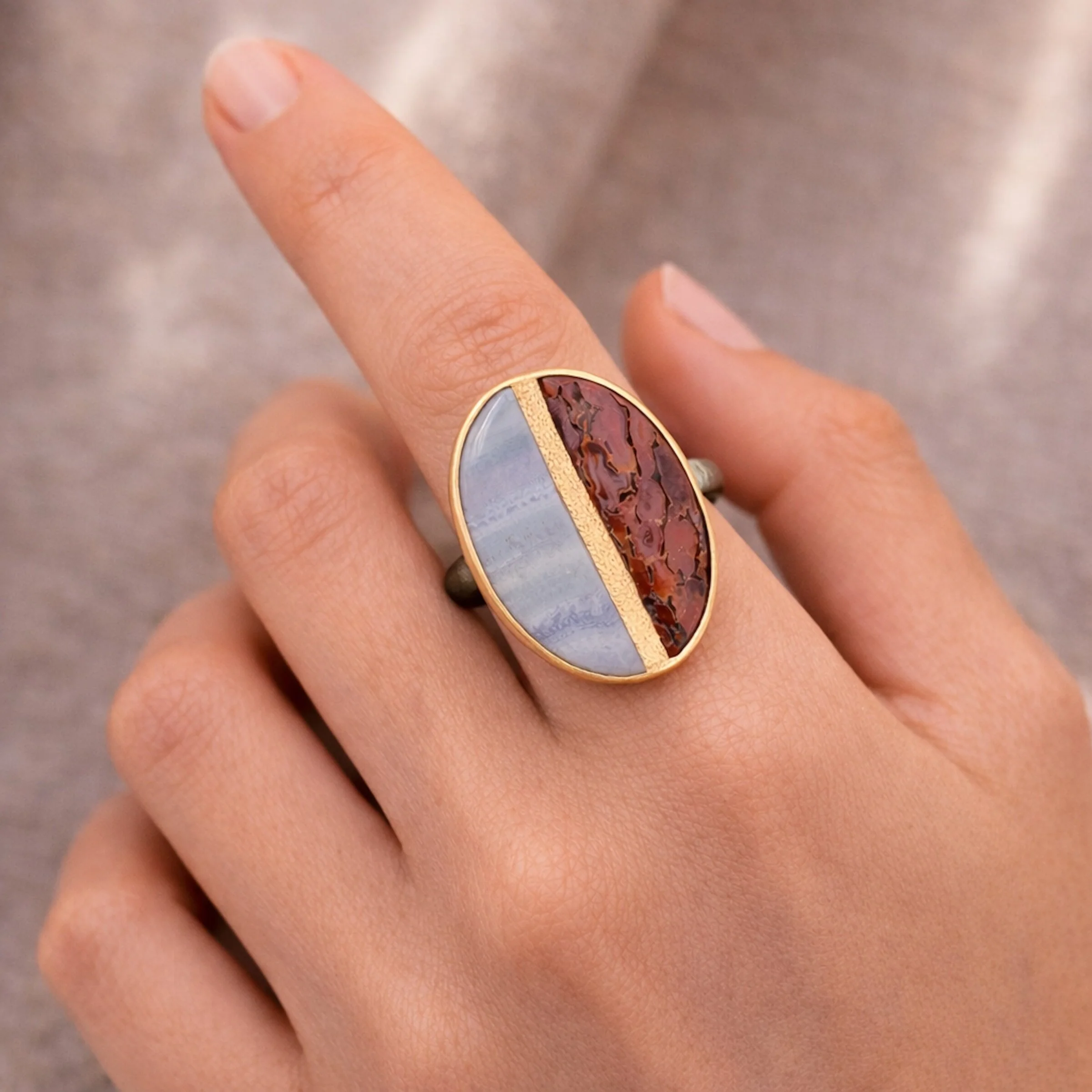 Blue Lace Agate & Dinosaur Bone Inlay Ring - Image 2