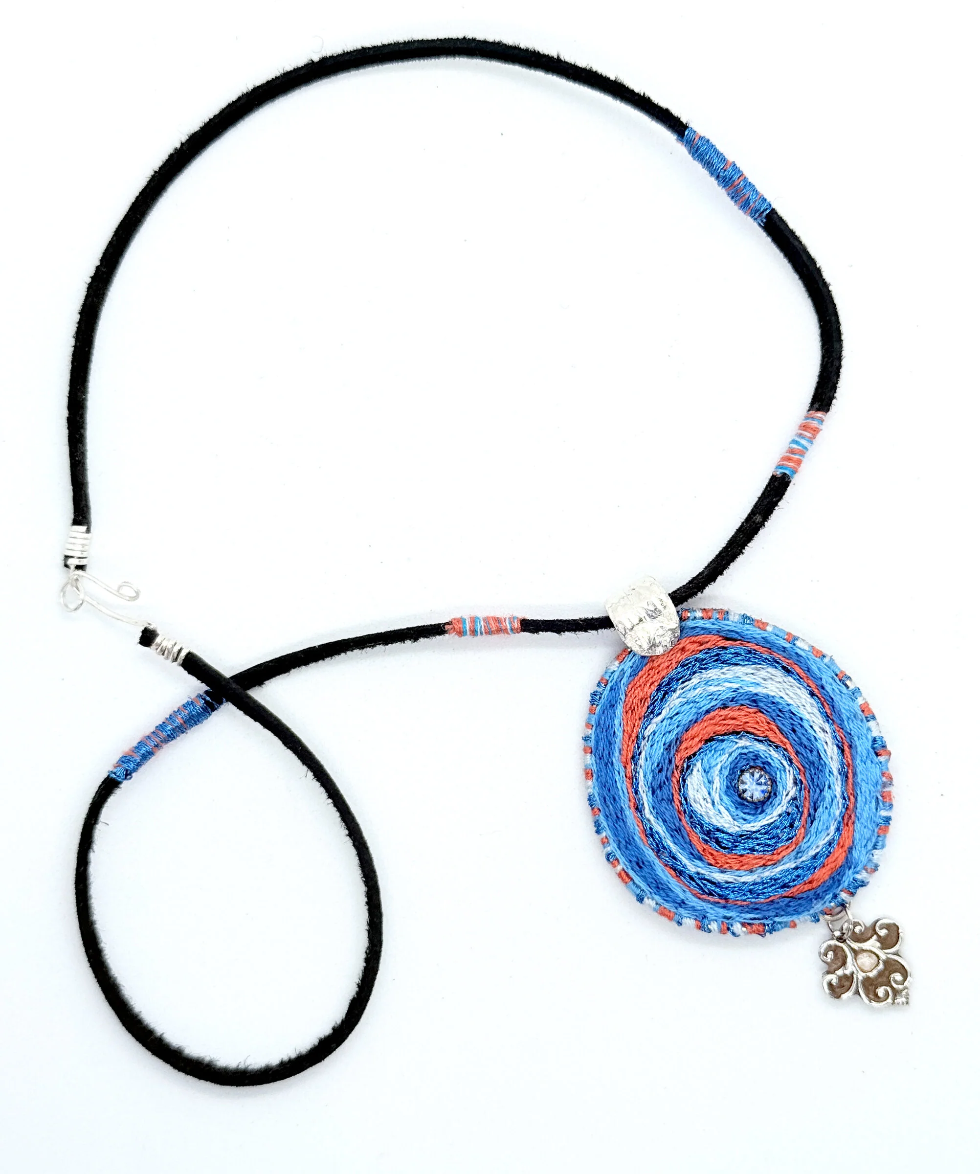Blues & Coral Embroidered Pendant - Image 2