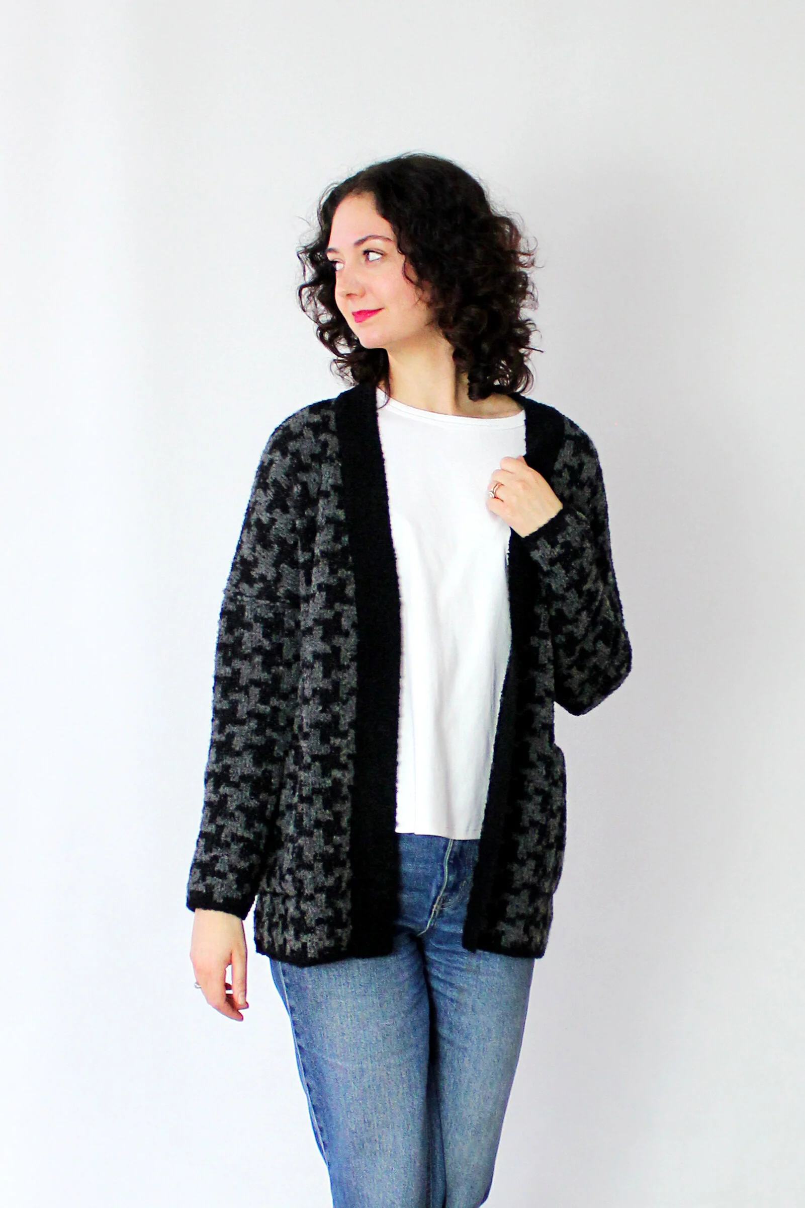 Boucle Houndstooth Cardigan - Black Houndstooth - Image 3