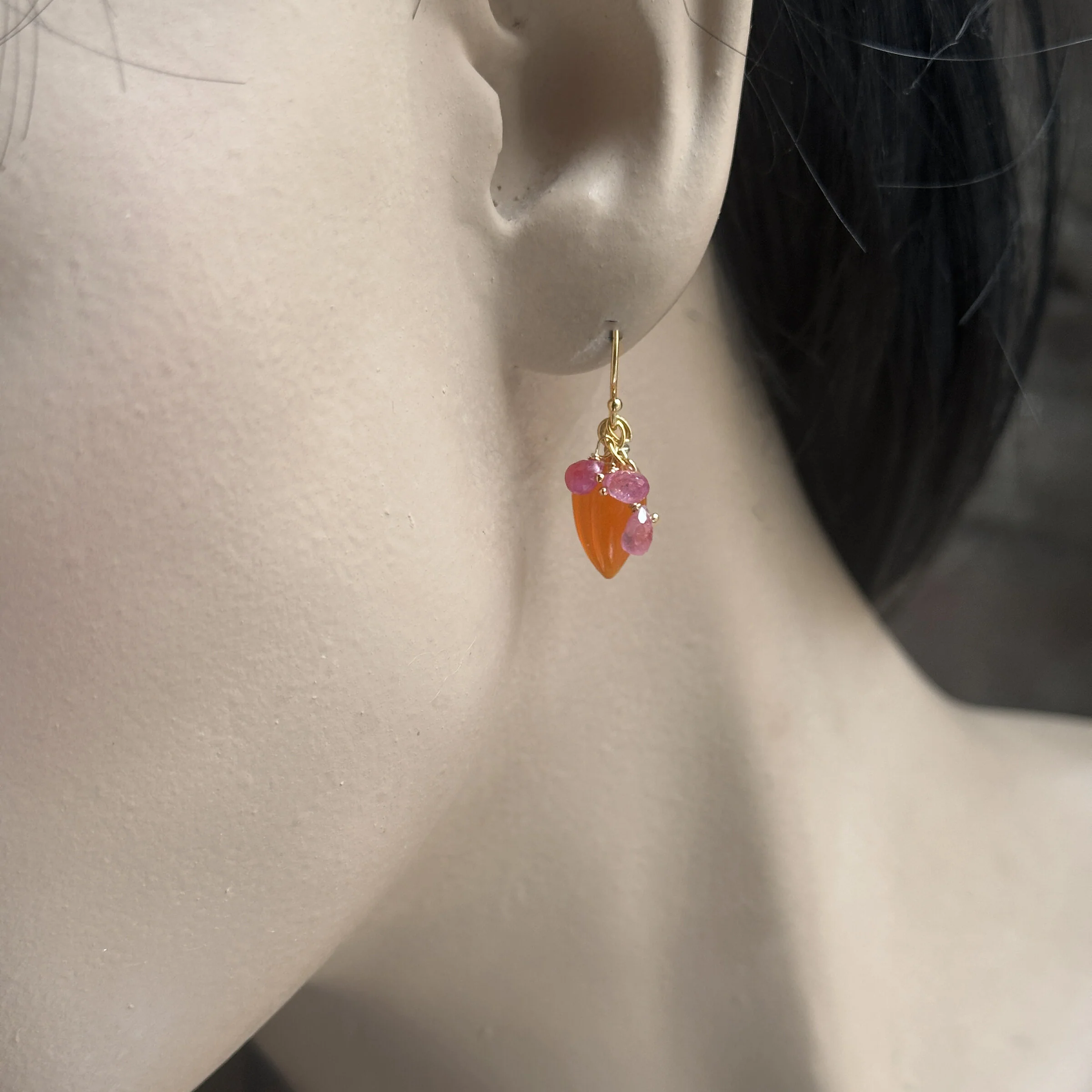 Carved Carnelian & Pink Sapphire Earrings - Image 2