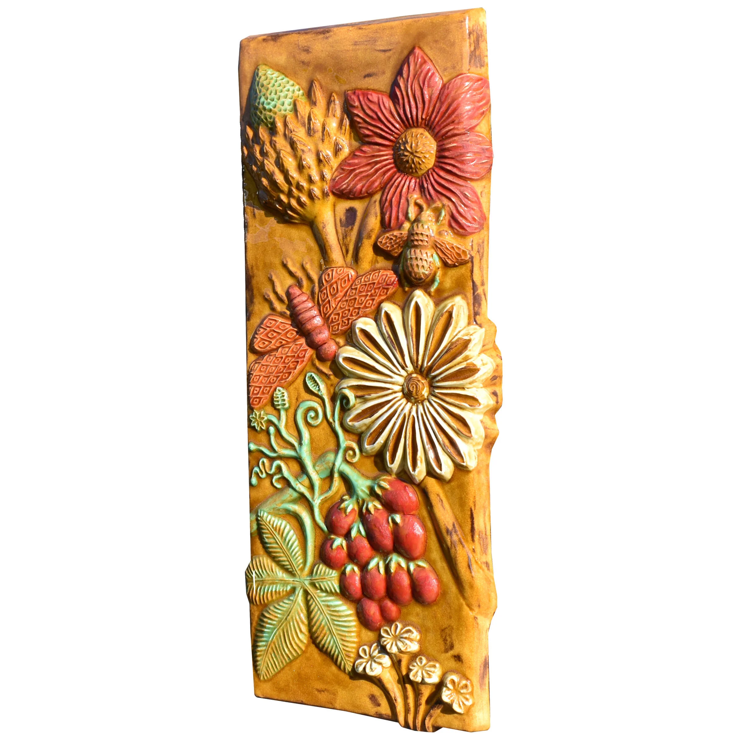 Botanical Tall Tile in Yellow, Red & Green Glazes - Image 2