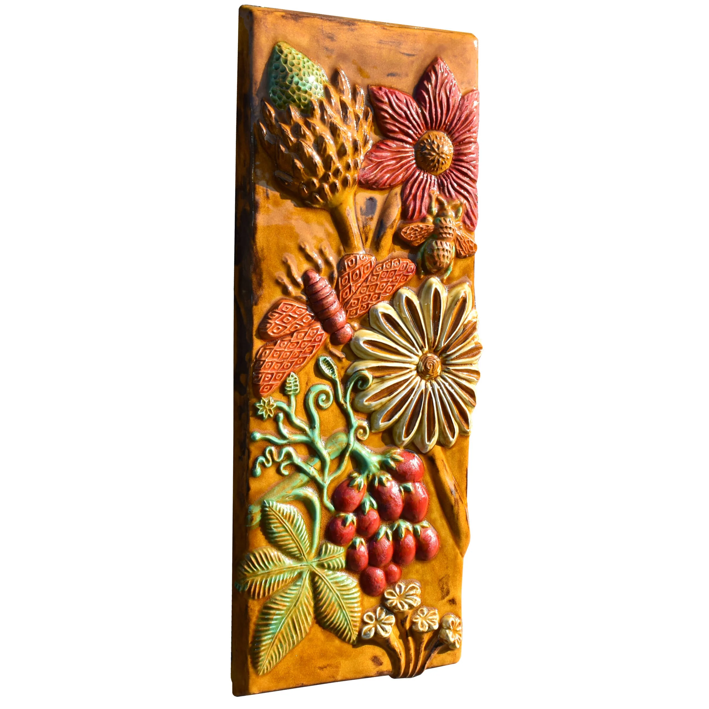 Botanical Tall Tile in Yellow, Red & Green Glazes - Image 3