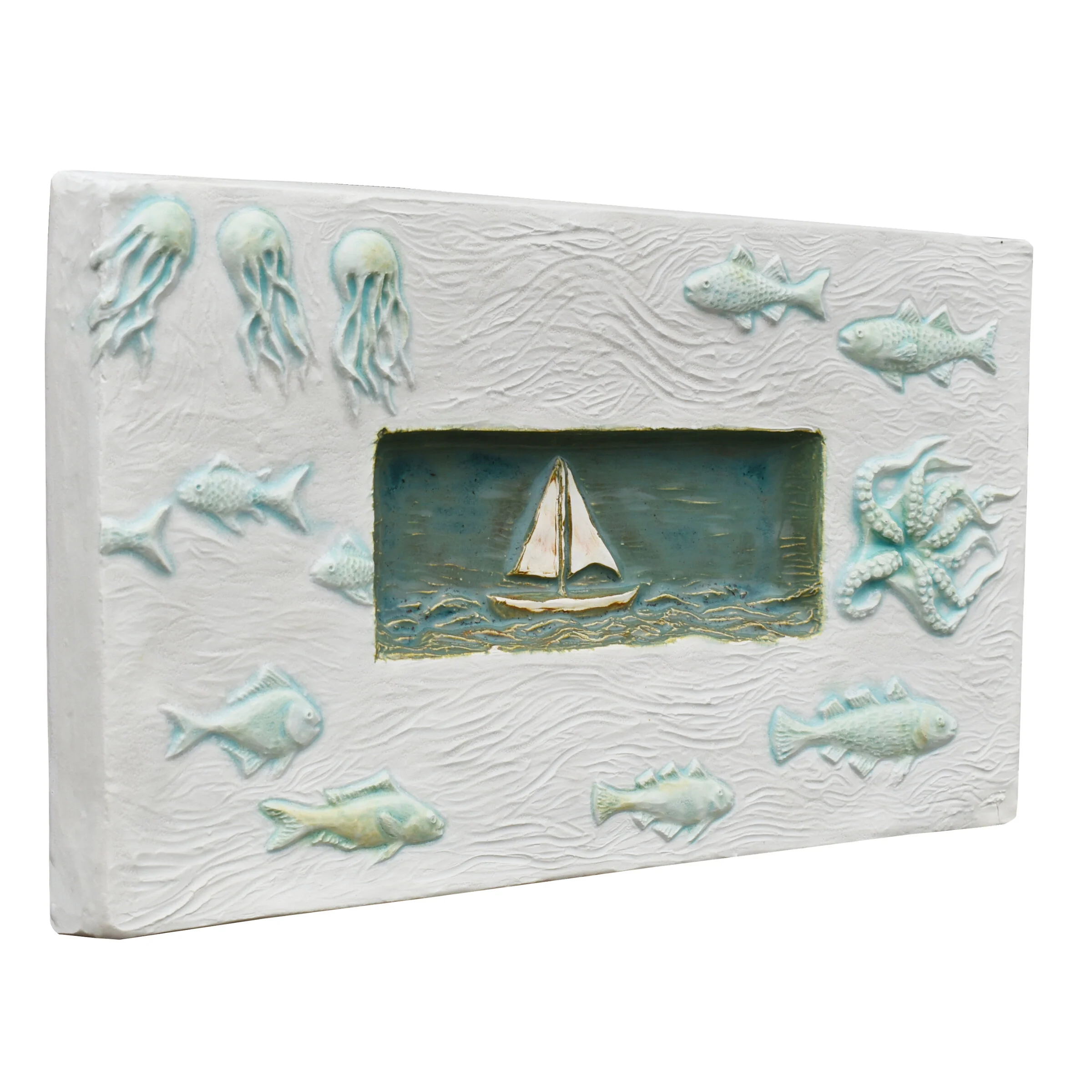 Sail Boat Marine Tile in White Stone and Antique Teal - Image 2