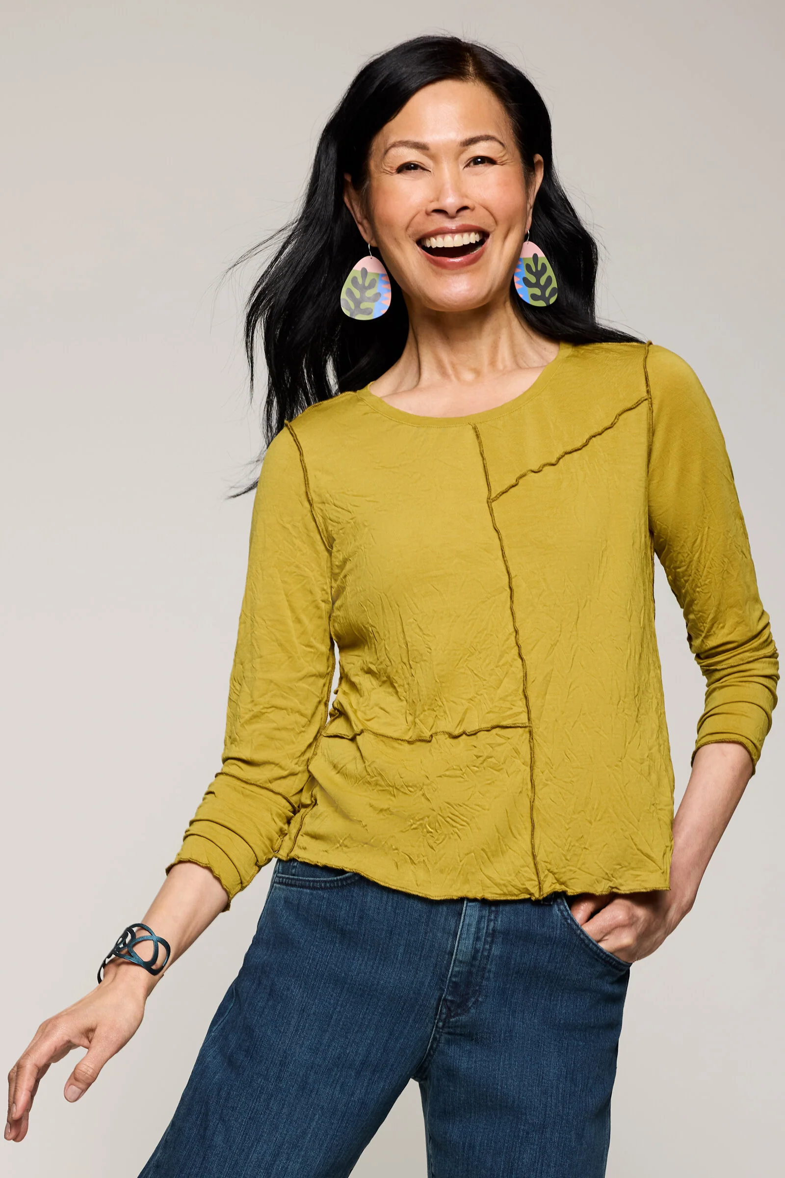 Crinkled Jersey Mosaic Top - Olive