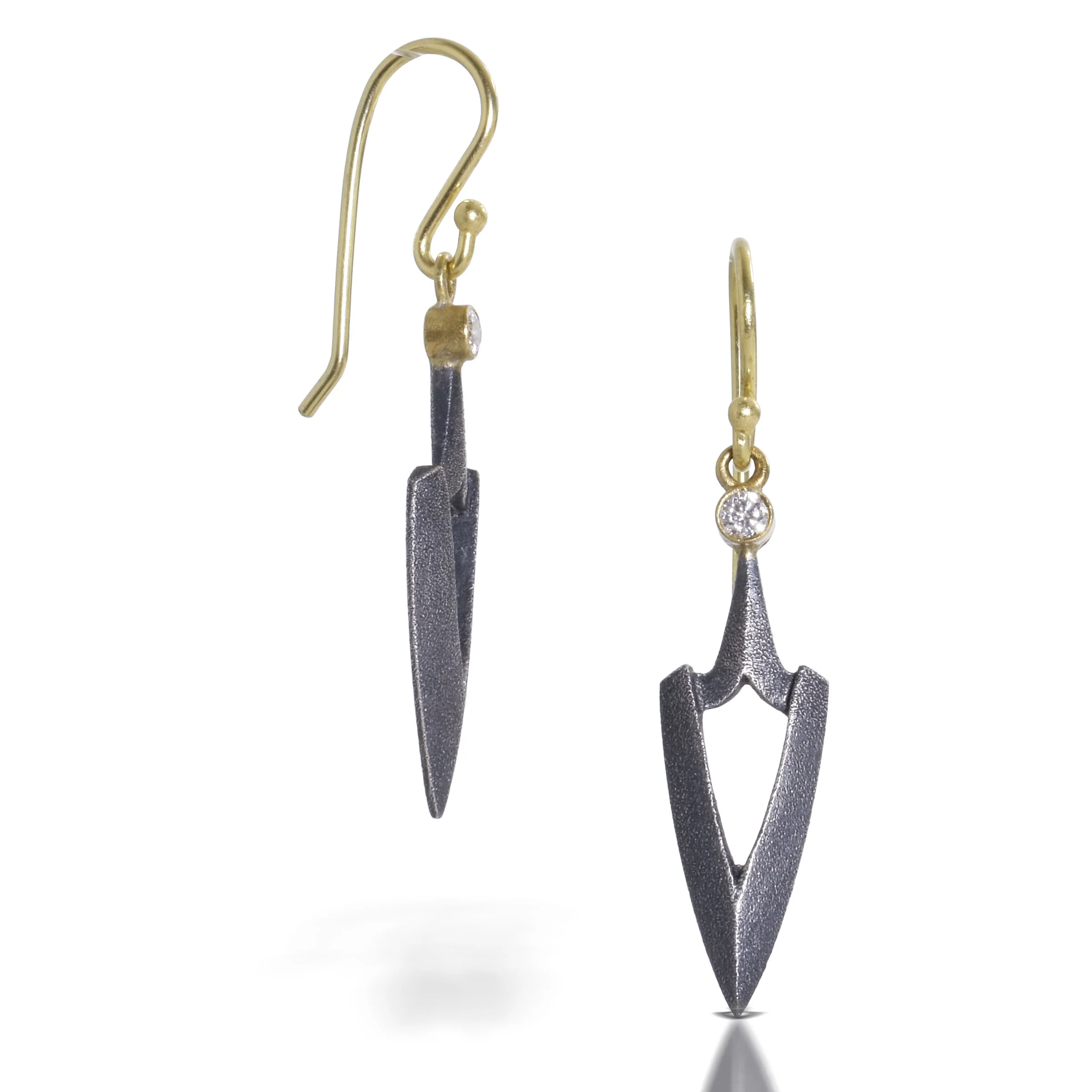 Elongated Warrior Earrings - Oxidized Silver & 18k Gold