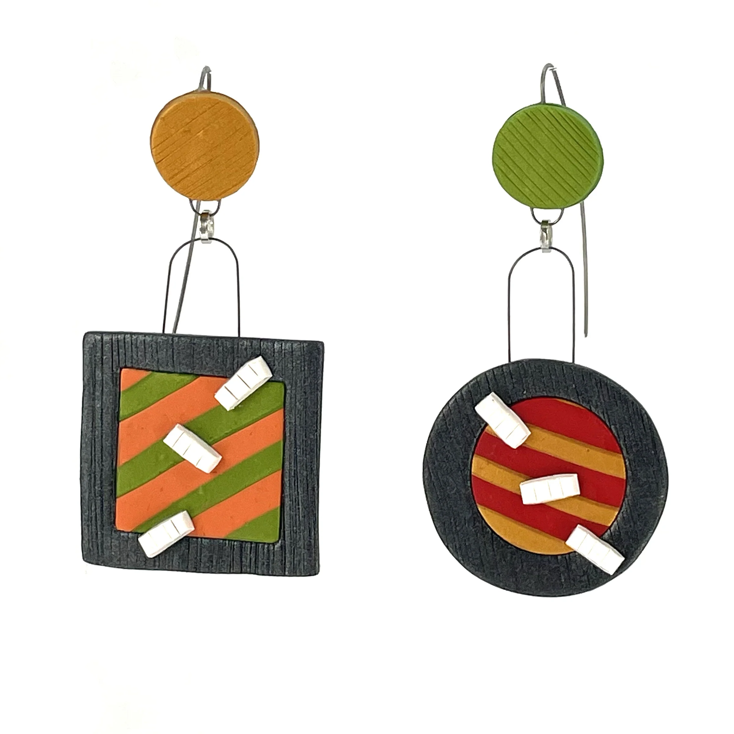 Fishhook Circle Square Earrings - Multi Gray