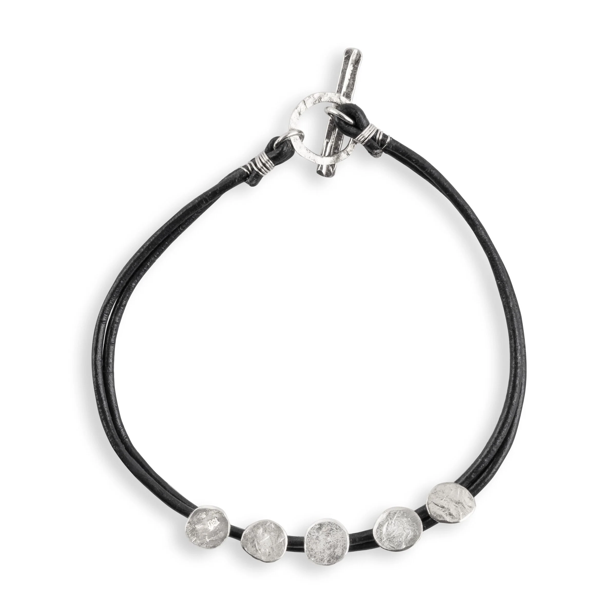Five Silver Discs Leather Bracelet