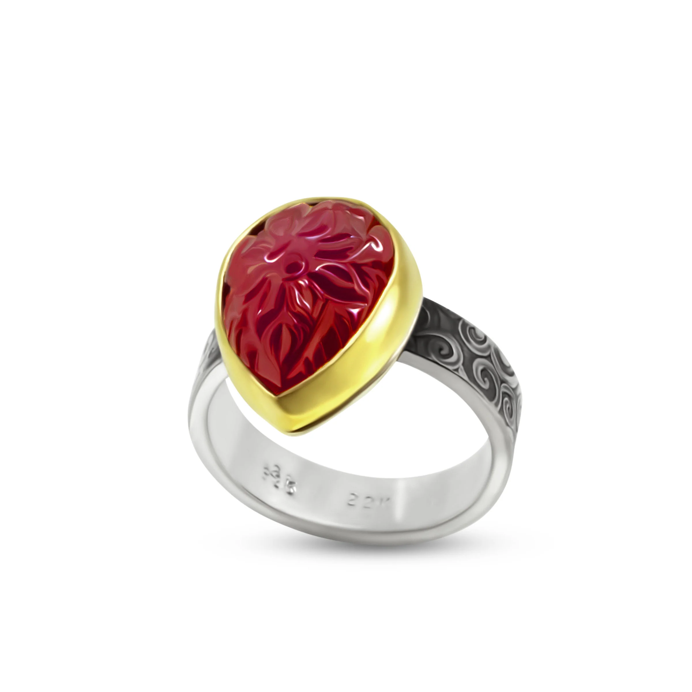 Flowering Vine Carved Ruby Ring - Image 2