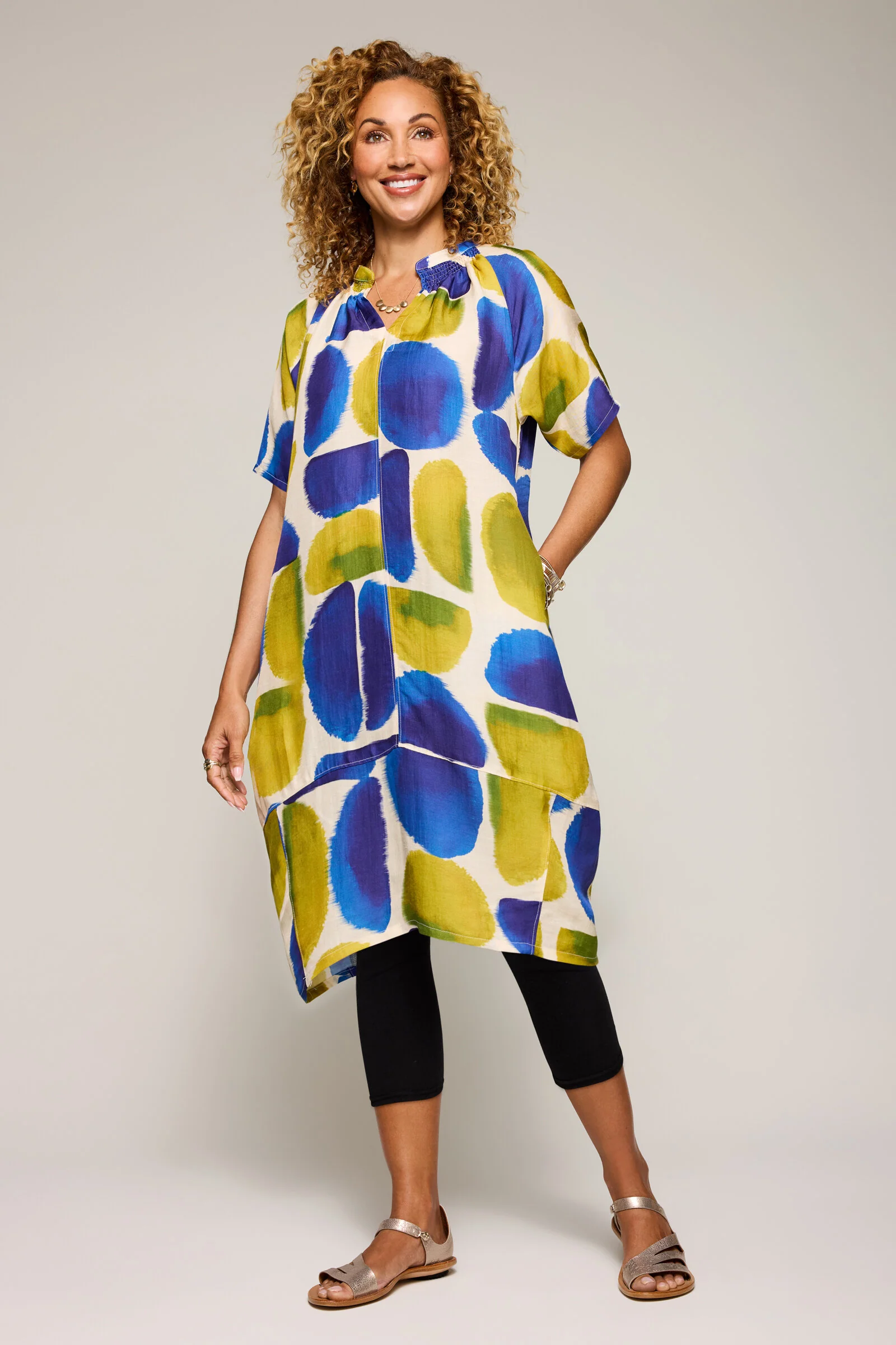 Fluid Linen Vivienne Dress - Olive/Cobalt Stones