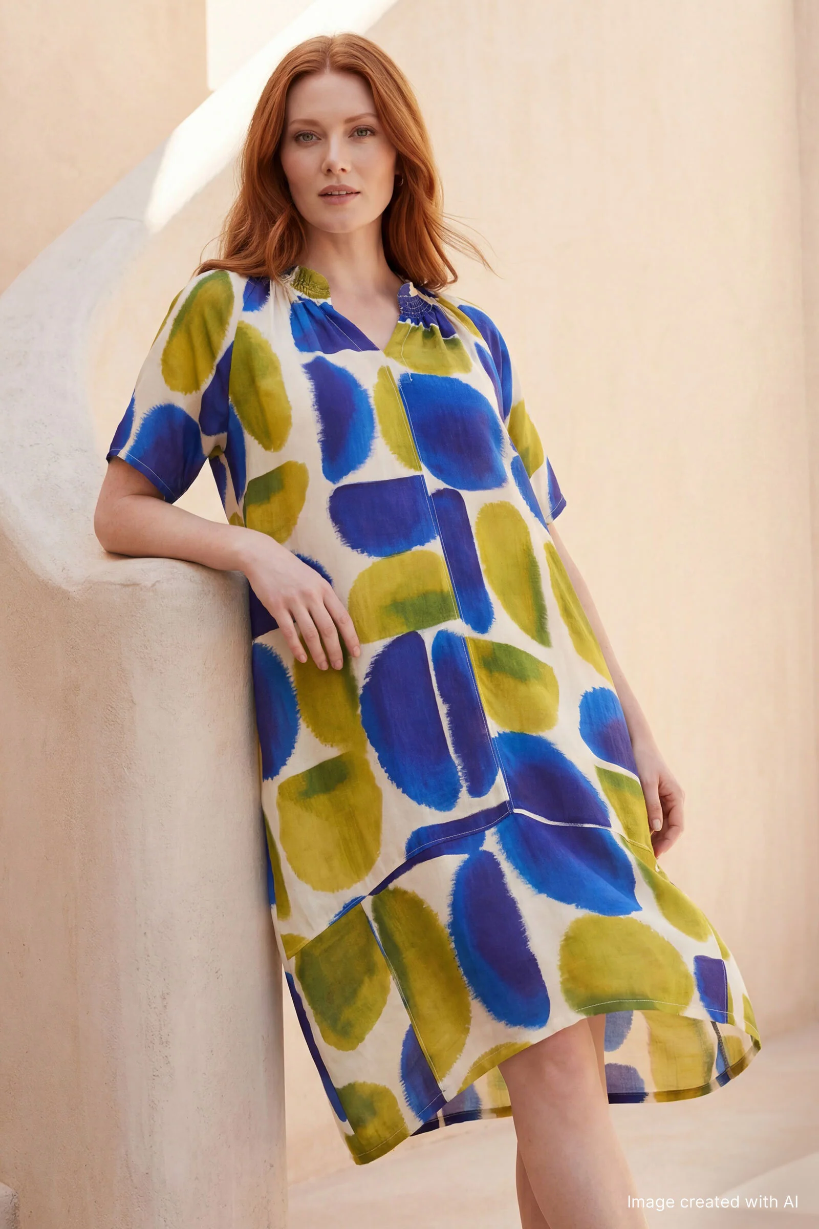 Fluid Linen Vivienne Dress - Olive/Cobalt Stones - Image 2