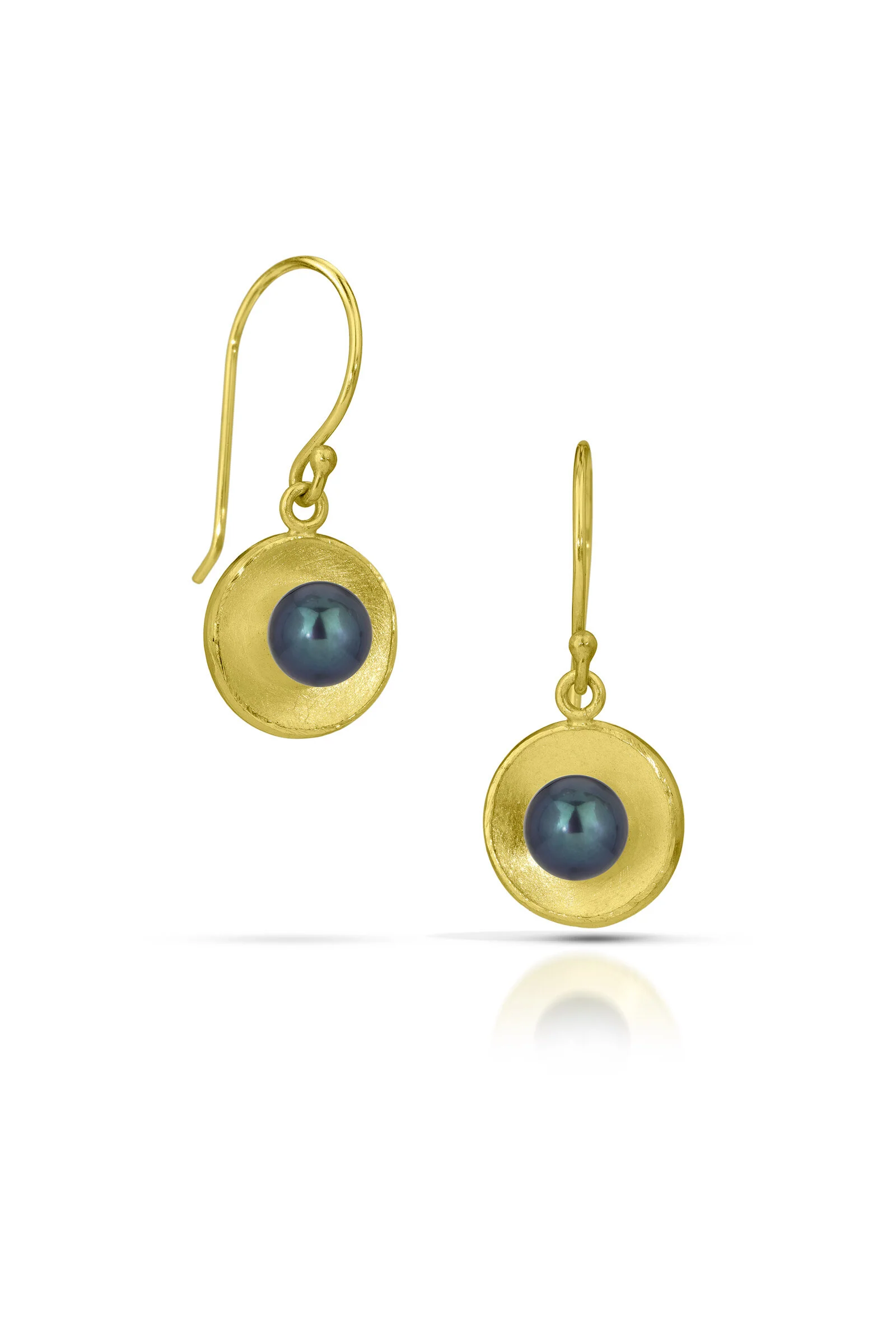 Gold Concave Circle Pearl Drop Earrings - Black Pearl