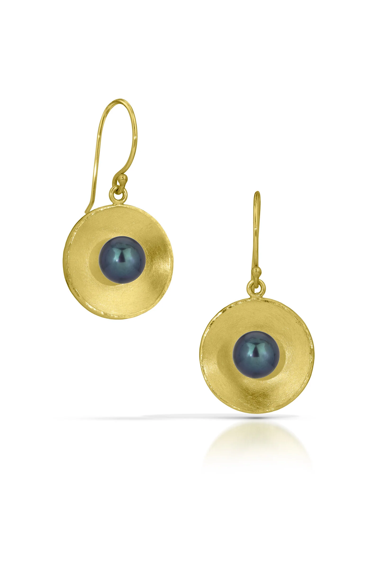 Gold Concave Circle Pearl Drop Earrings - Black Pearl - Image 2