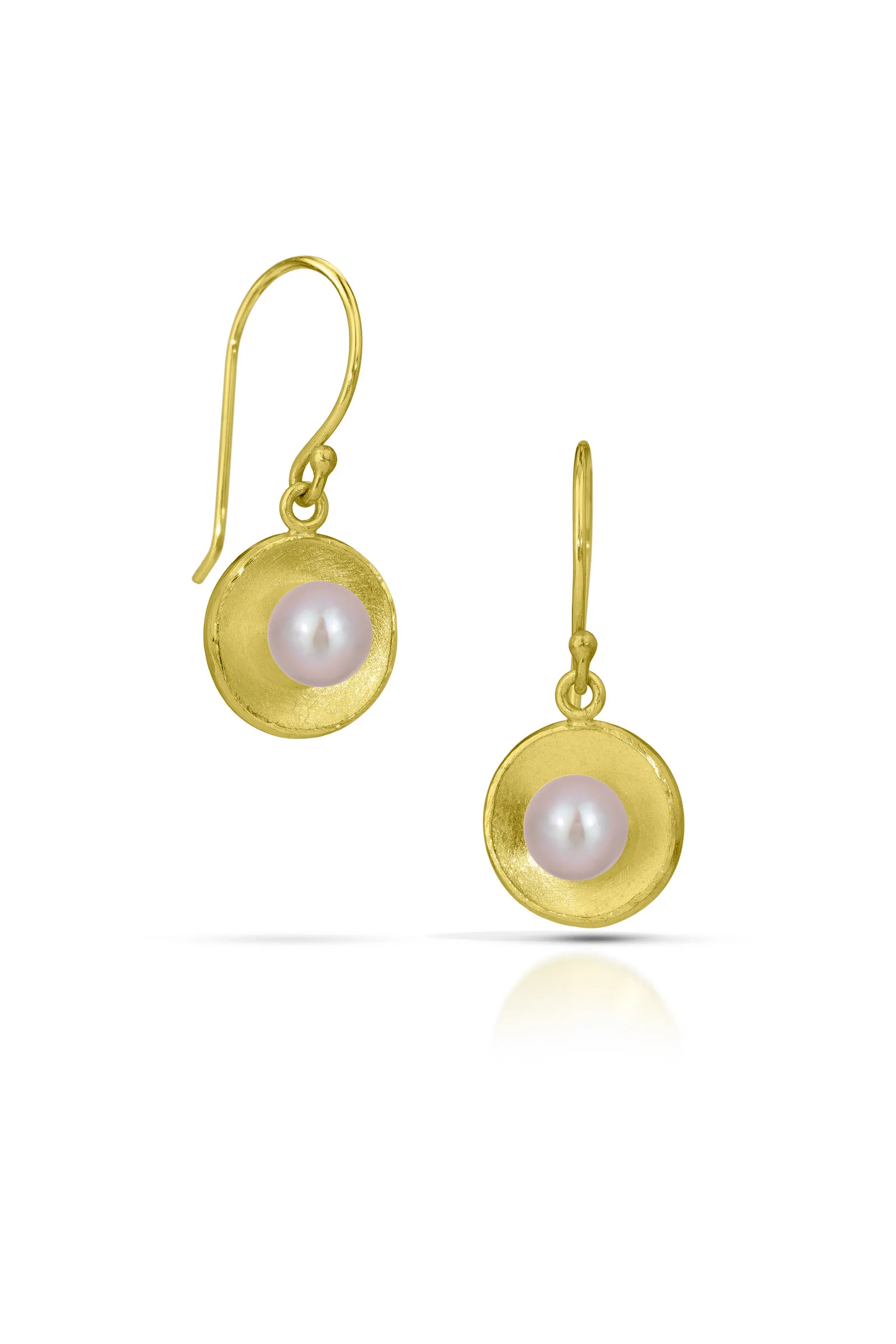 Gold Concave Circle Pearl Drop Earrings - Natural Pearl