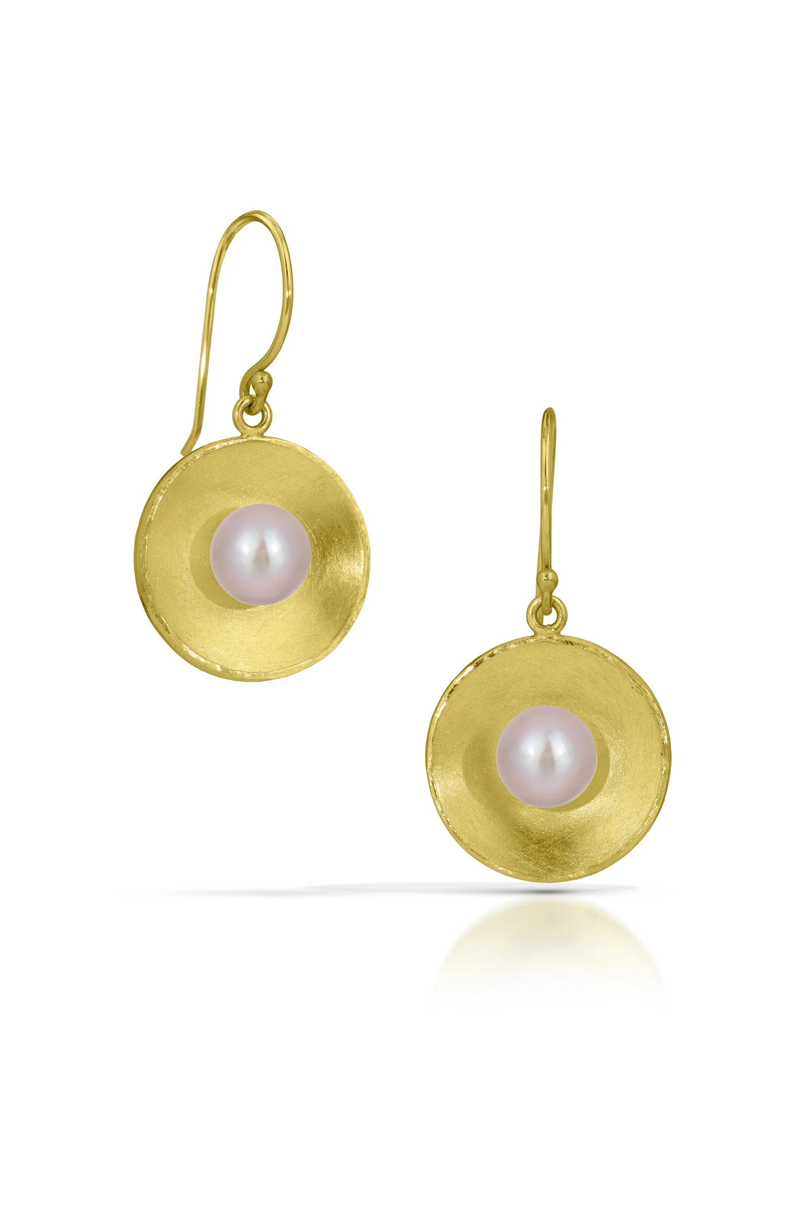 Gold Concave Circle Pearl Drop Earrings - Natural Pearl - Image 2