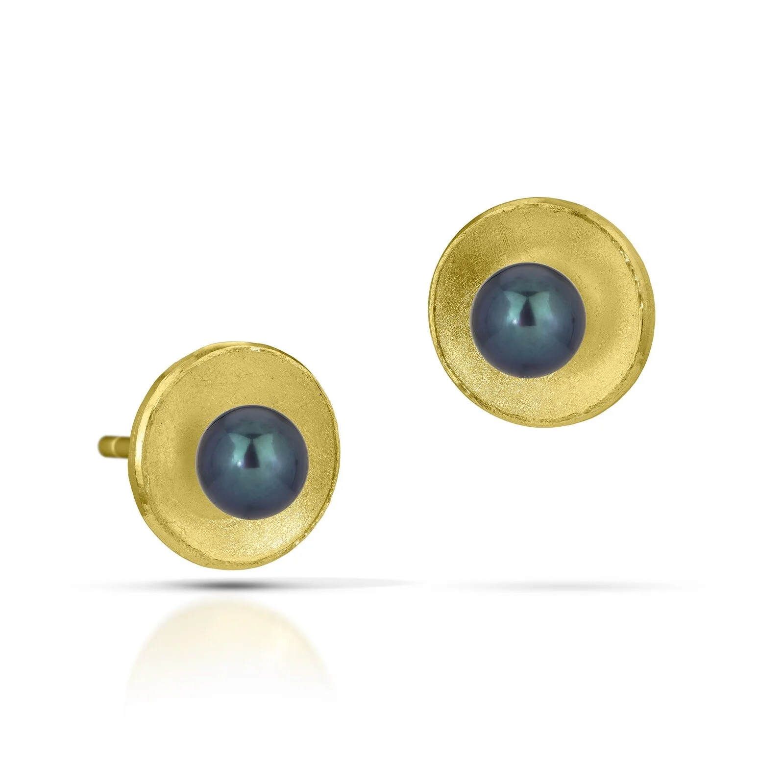 Gold Concave Circle Pearl Earrings - Black Pearl - Image 2