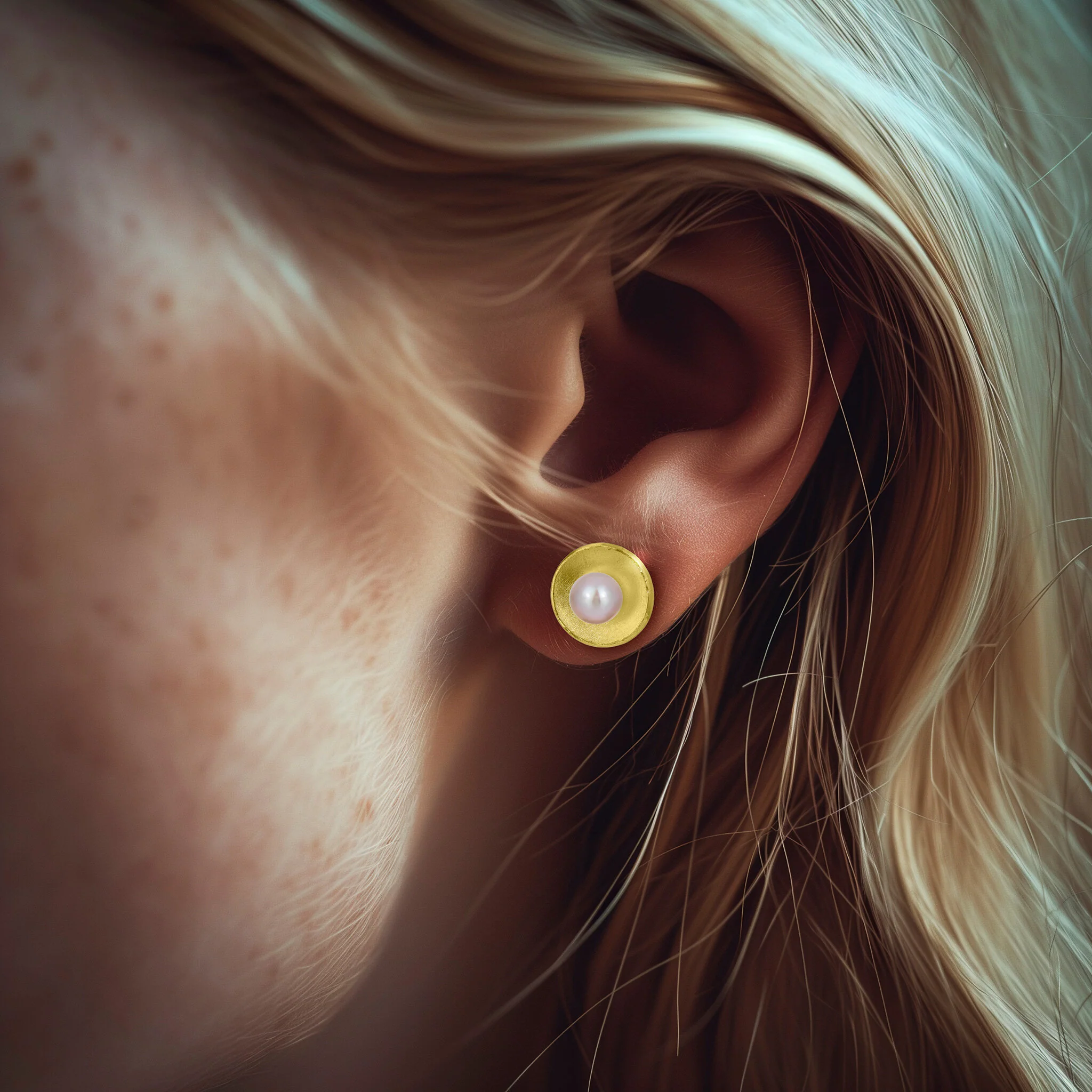 Gold Concave Circle Pearl Earrings - Natural Pearl - Image 3