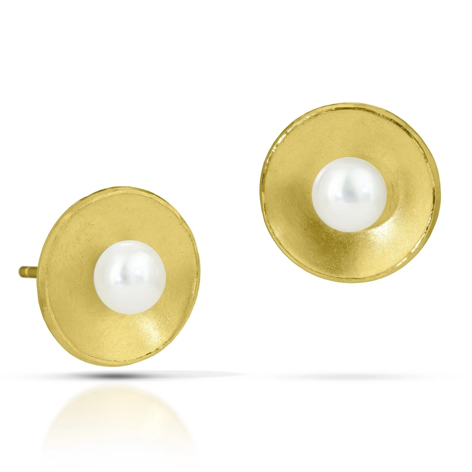 Gold Concave Circle Pearl Earrings - White Pearl