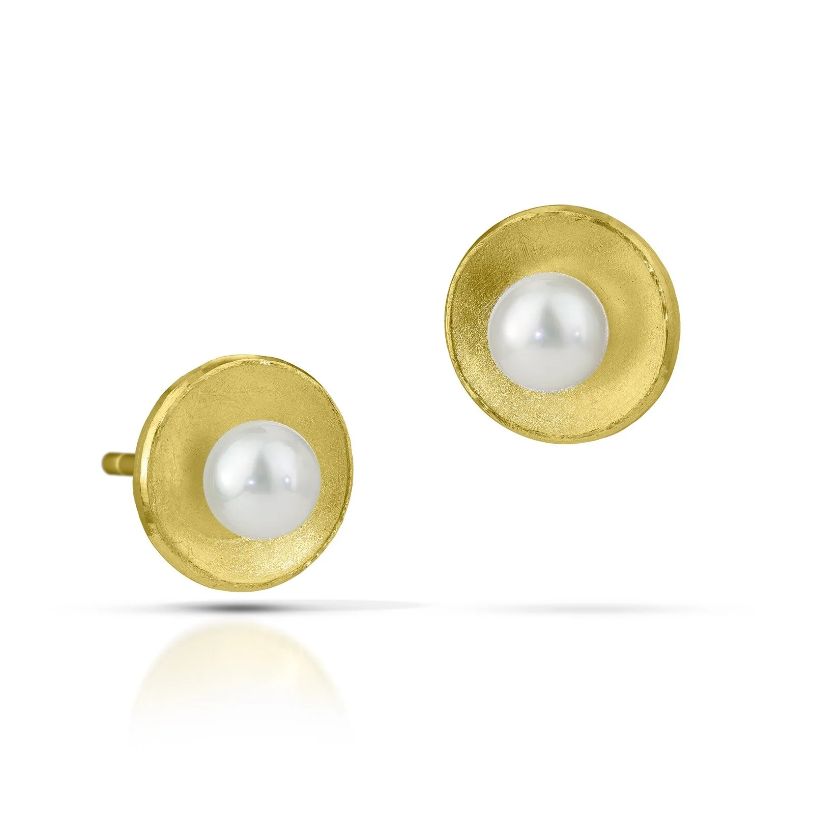 Gold Concave Circle Pearl Earrings - White Pearl - Image 2
