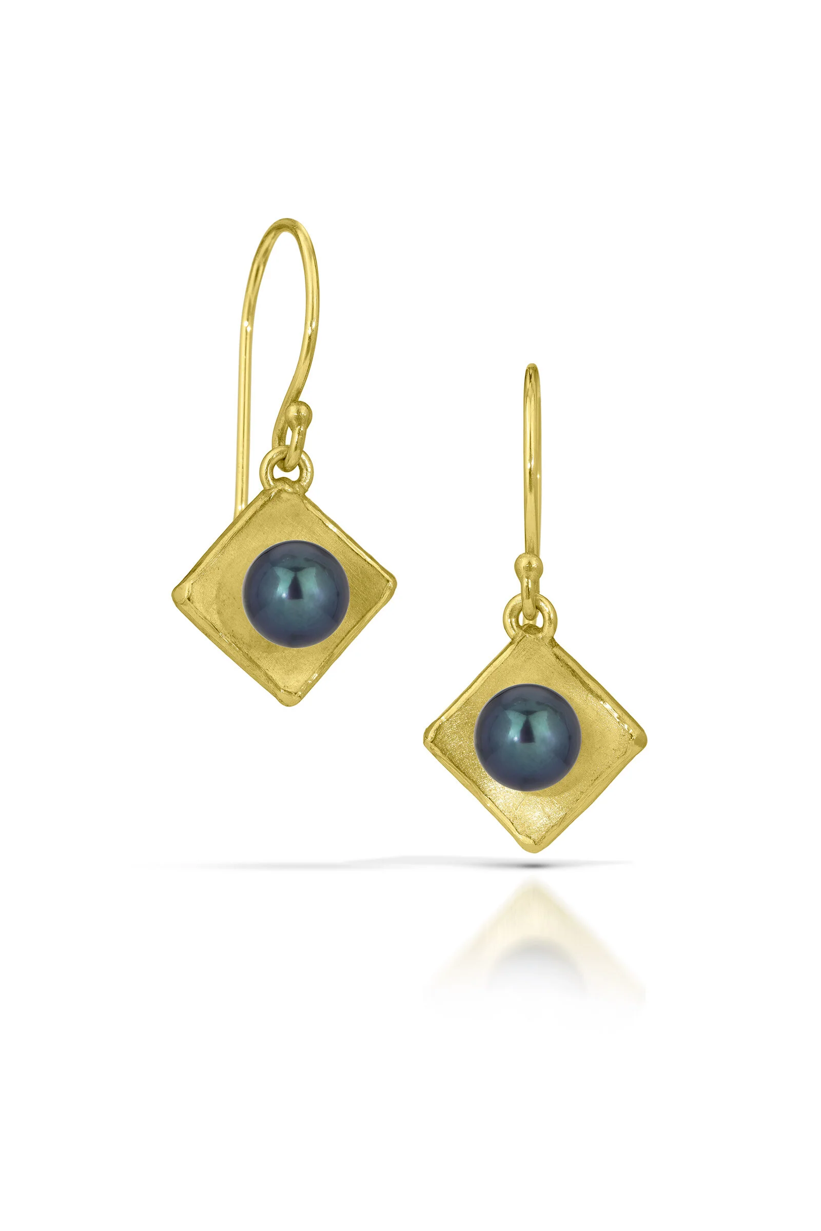 Gold Concave Square Pearl Drop Earrings - Black Pearl - Image 2