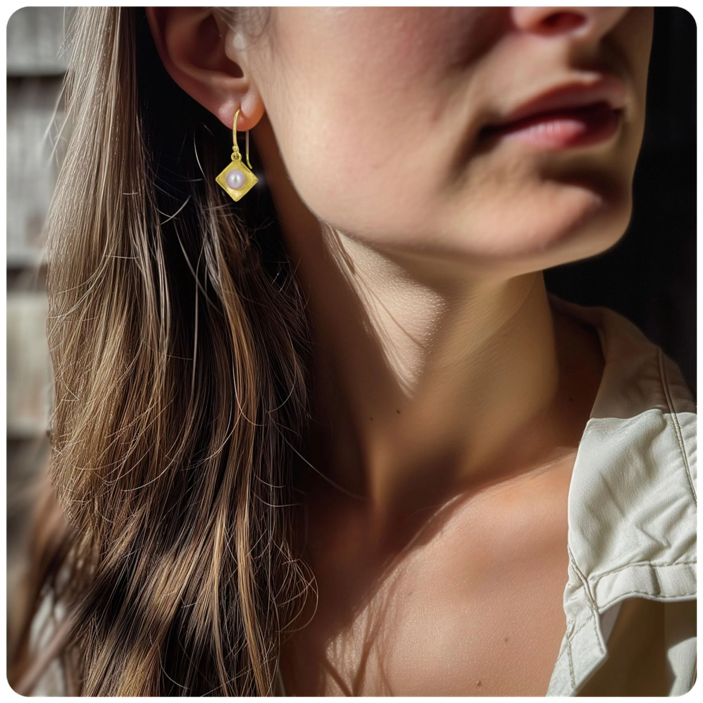 Gold Concave Square Pearl Drop Earrings - Image 2