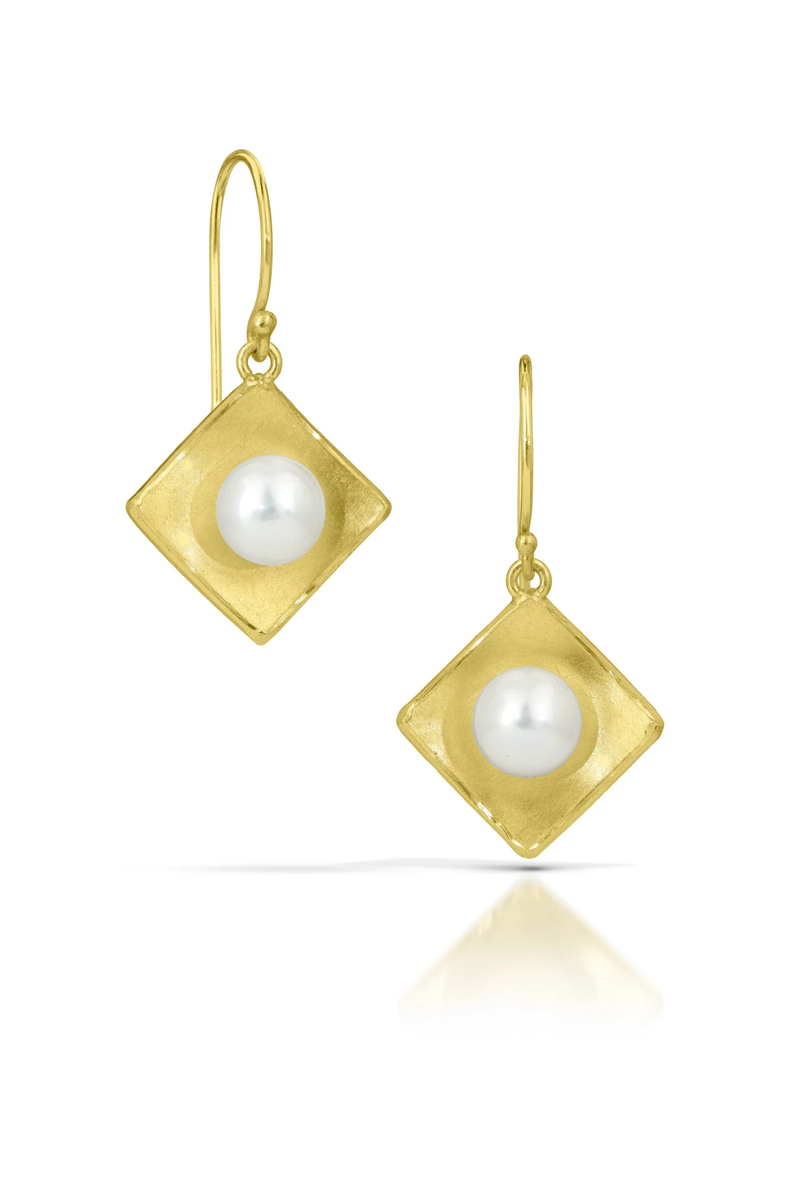 Gold Concave Square Pearl Drop Earrings - White Pearl