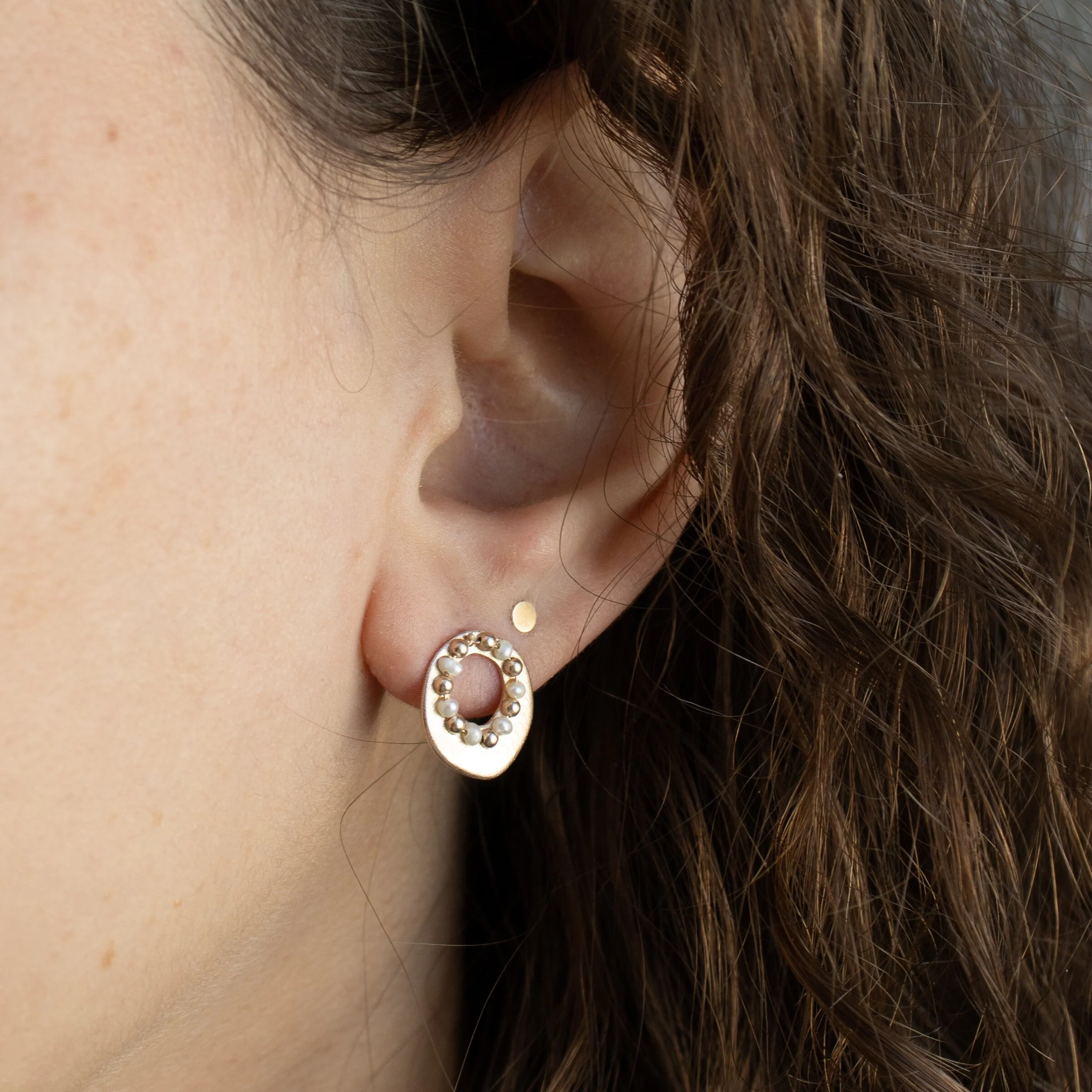 Gold Pearl Disc Earrings - Image 3