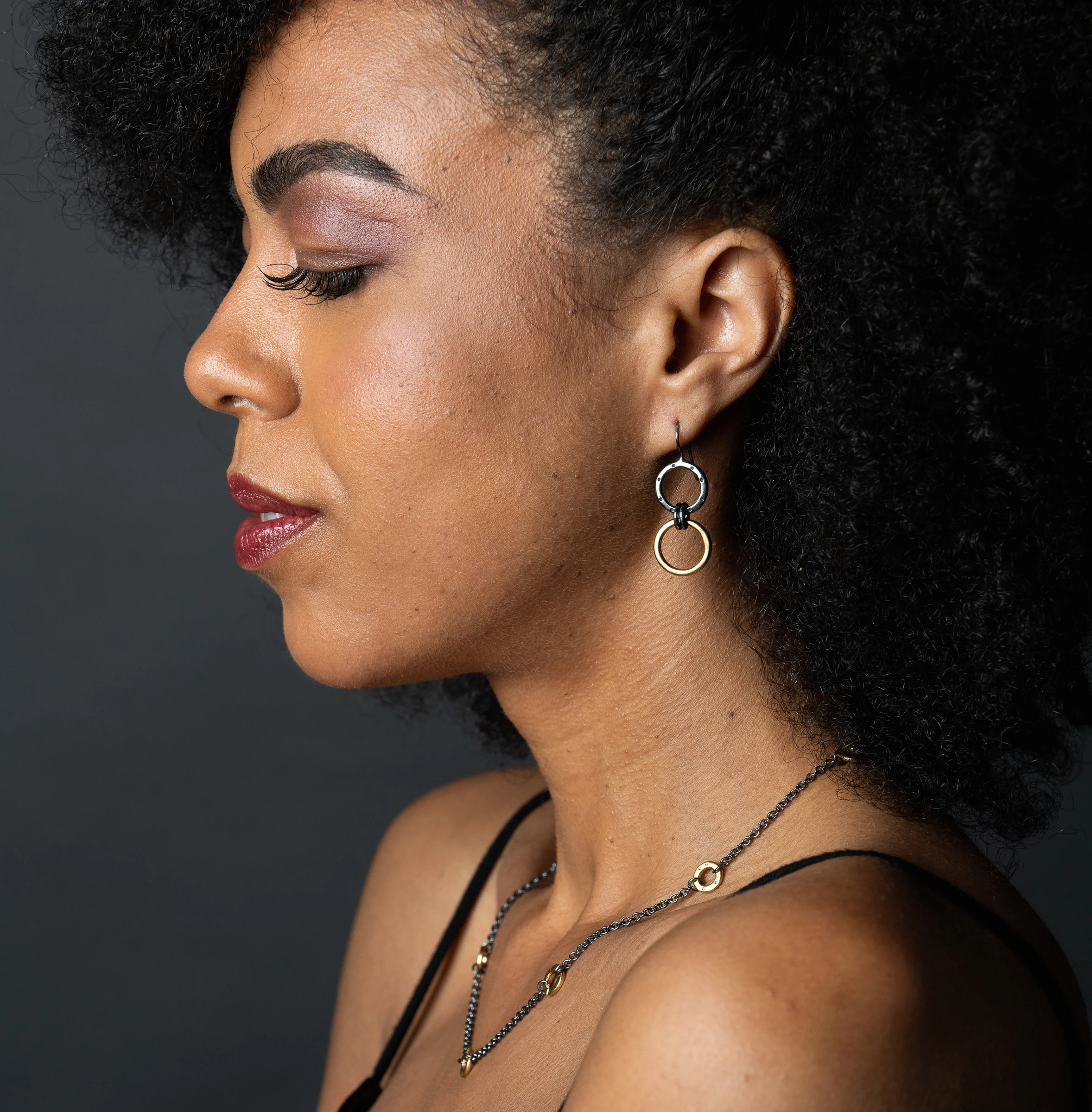 Black and Gold Two-Ring Earrings - Image 2