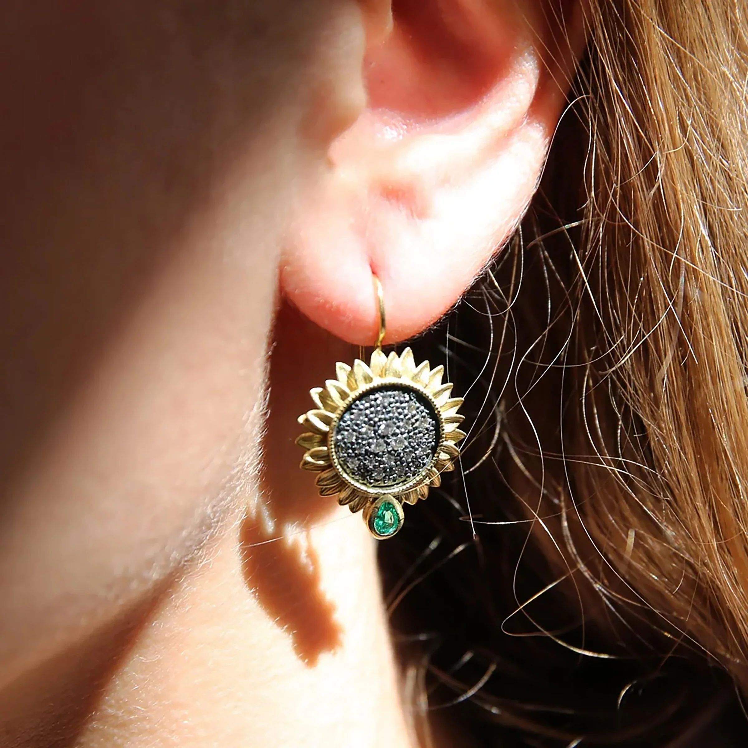 Medium Pave Diamond Sunflower with Emeralds Earrings - Image 2
