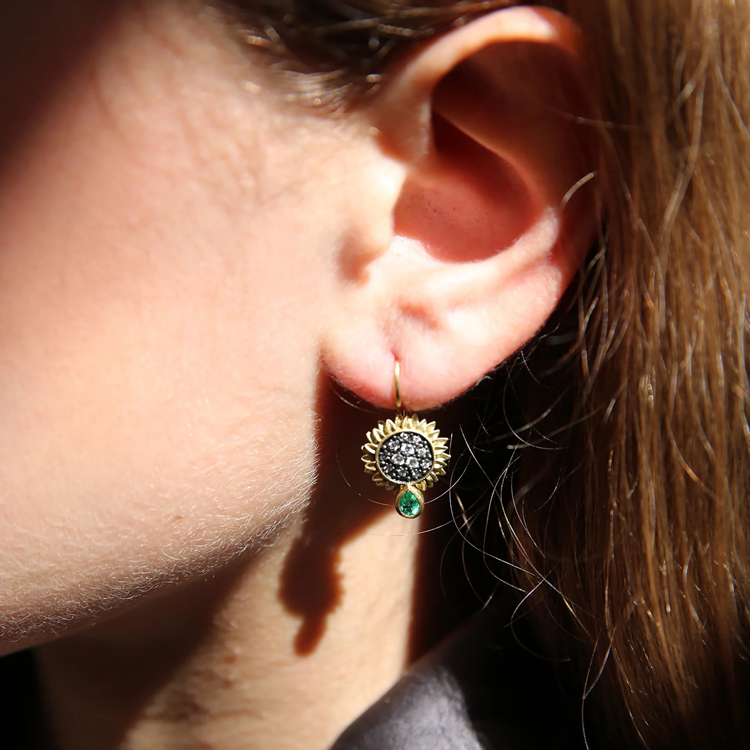 Small Pave Sunflower with Emeralds Earrings - Image 2