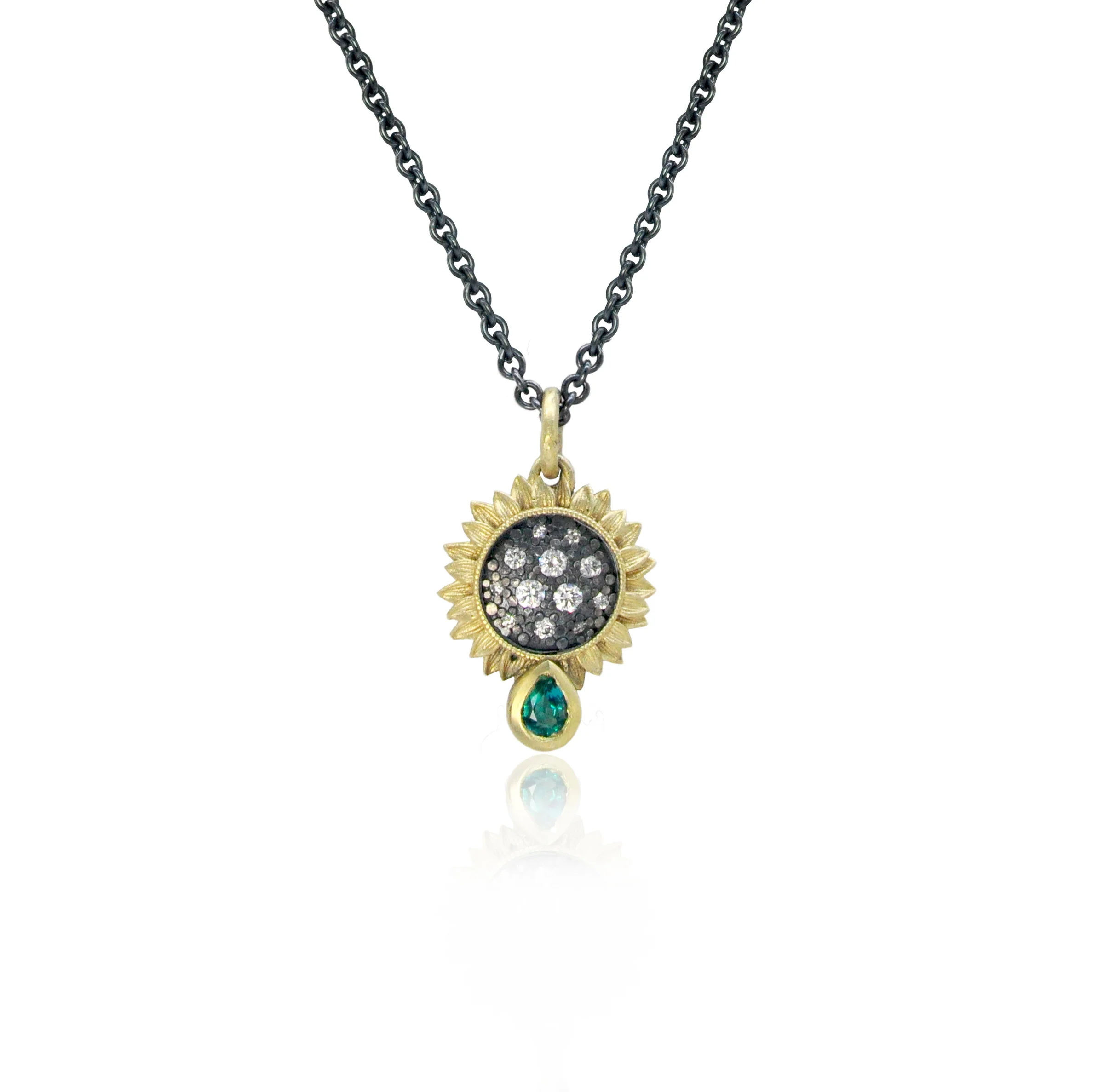 Small Pave Diamond Sunflower with Emerald Teardrop Necklace