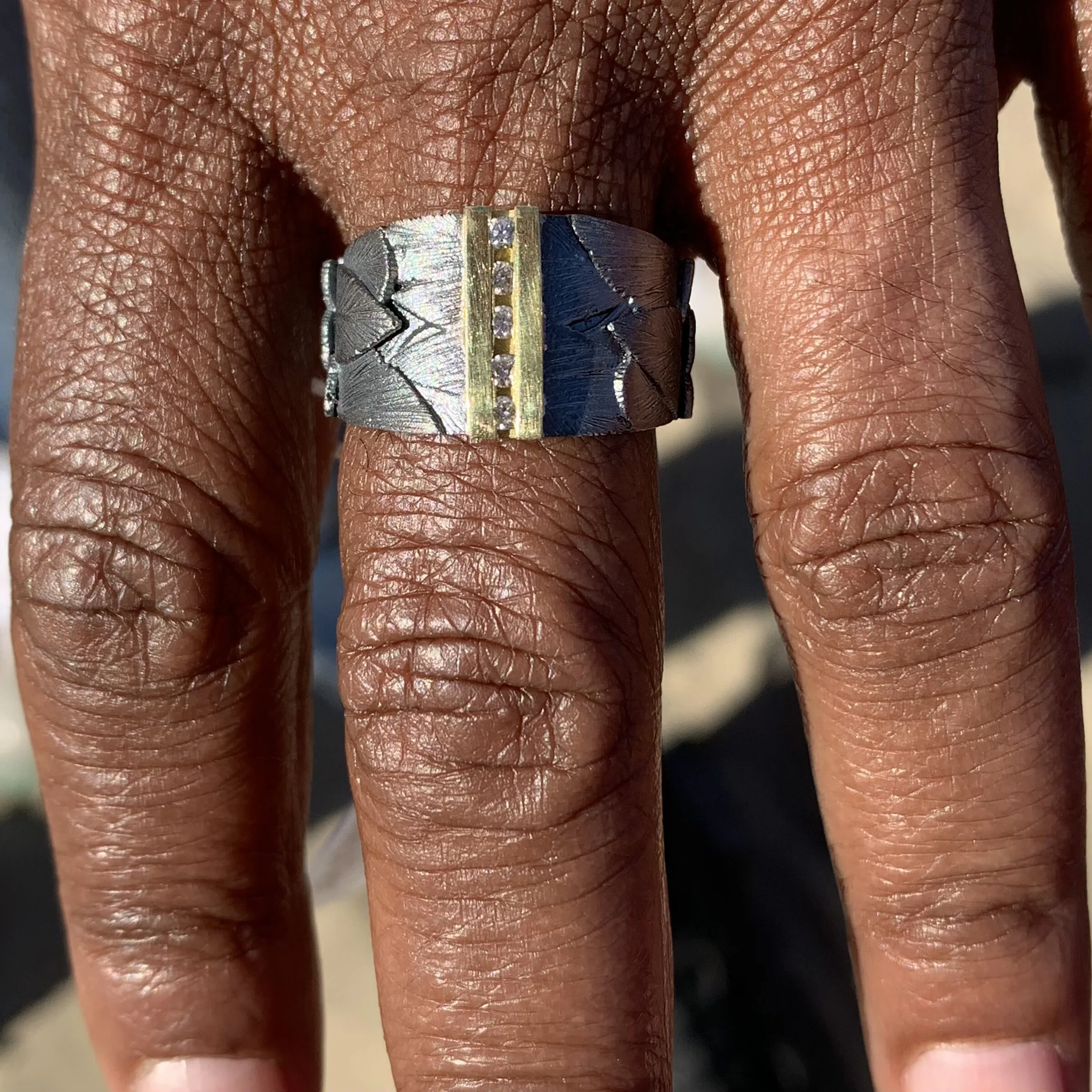 Oxidized Silver Channel Set Diamond Feather Ring - Image 2