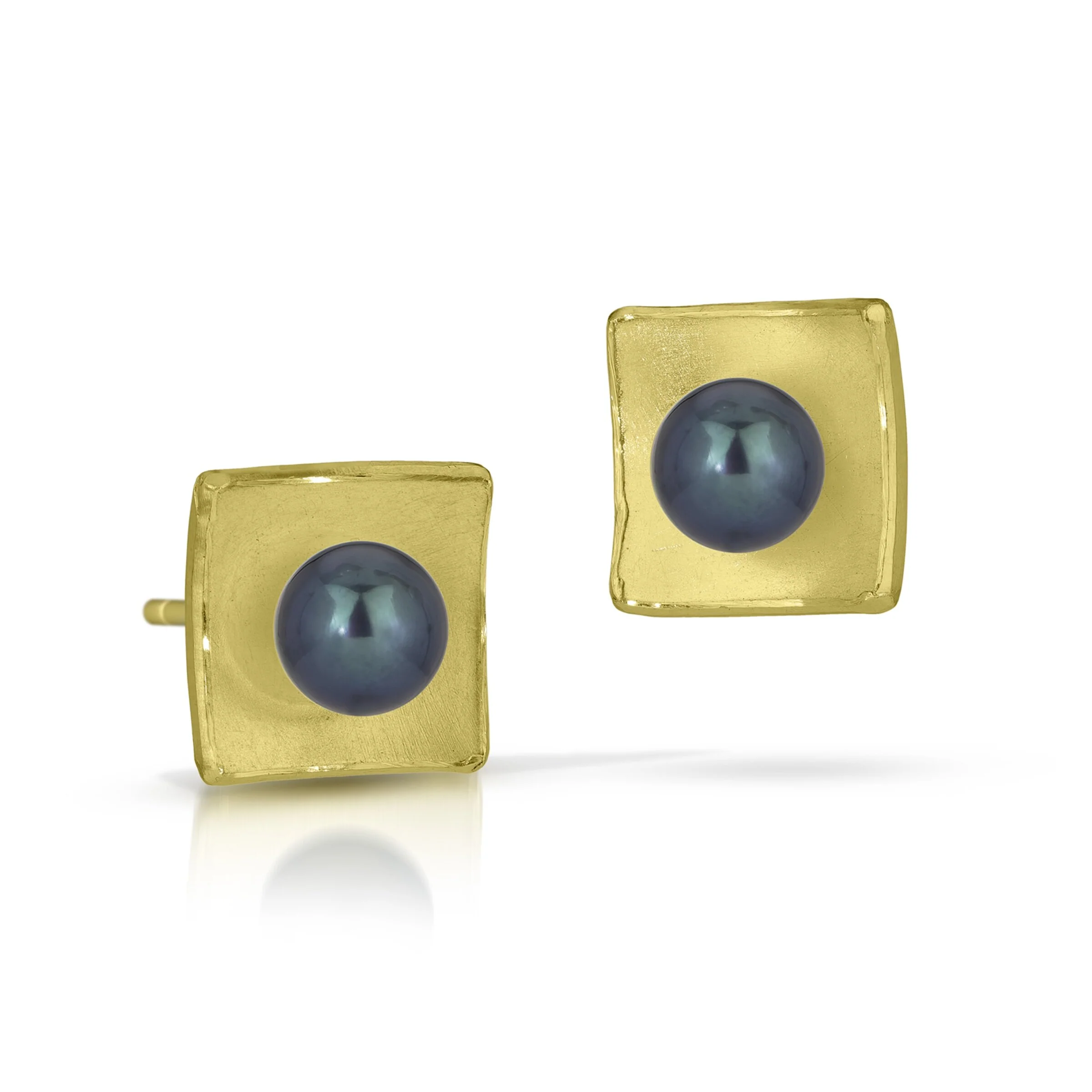 Gold Square Pearl Earrings - Black Pearl, Large