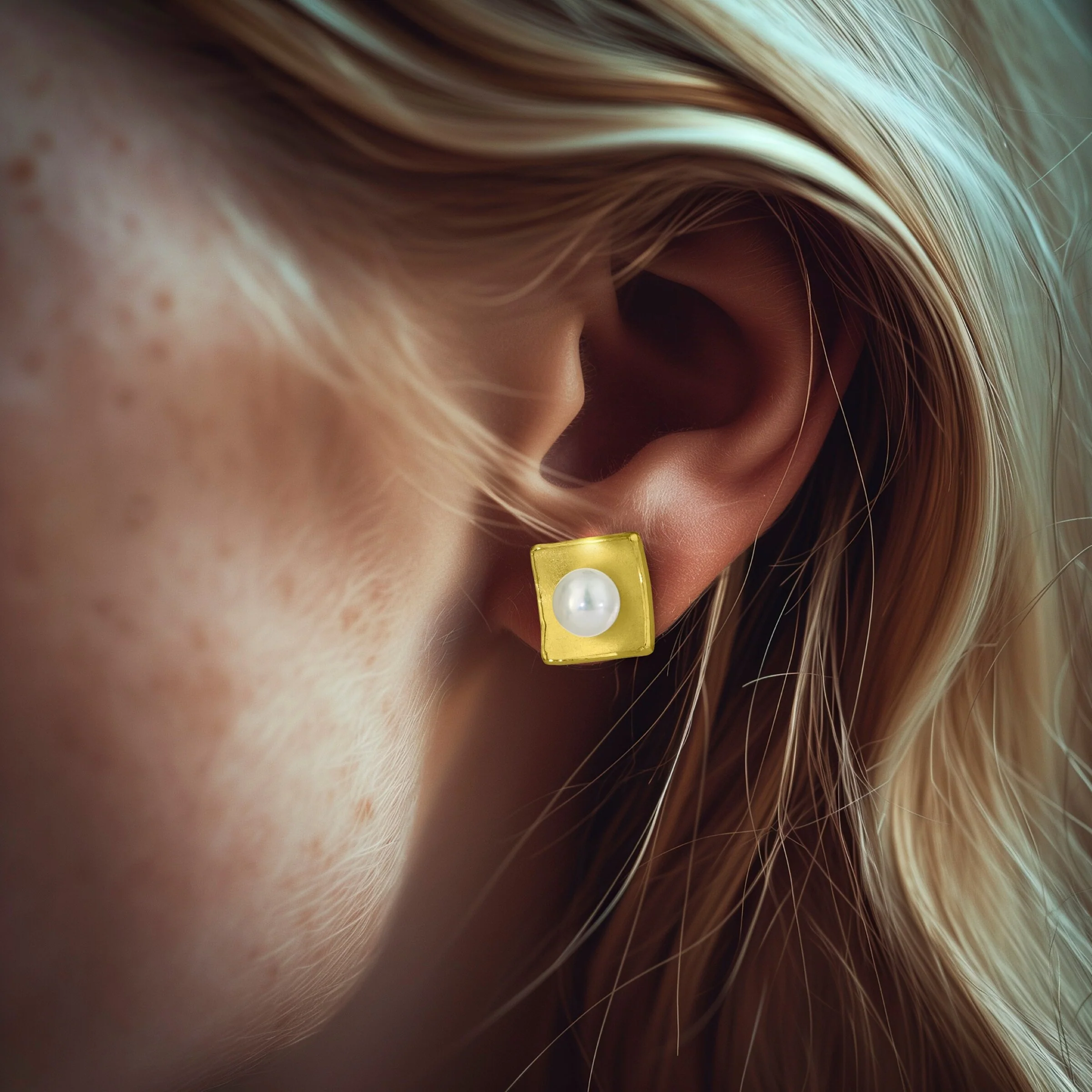 Gold Square Pearl Earrings - White Pearl, Large - Image 2