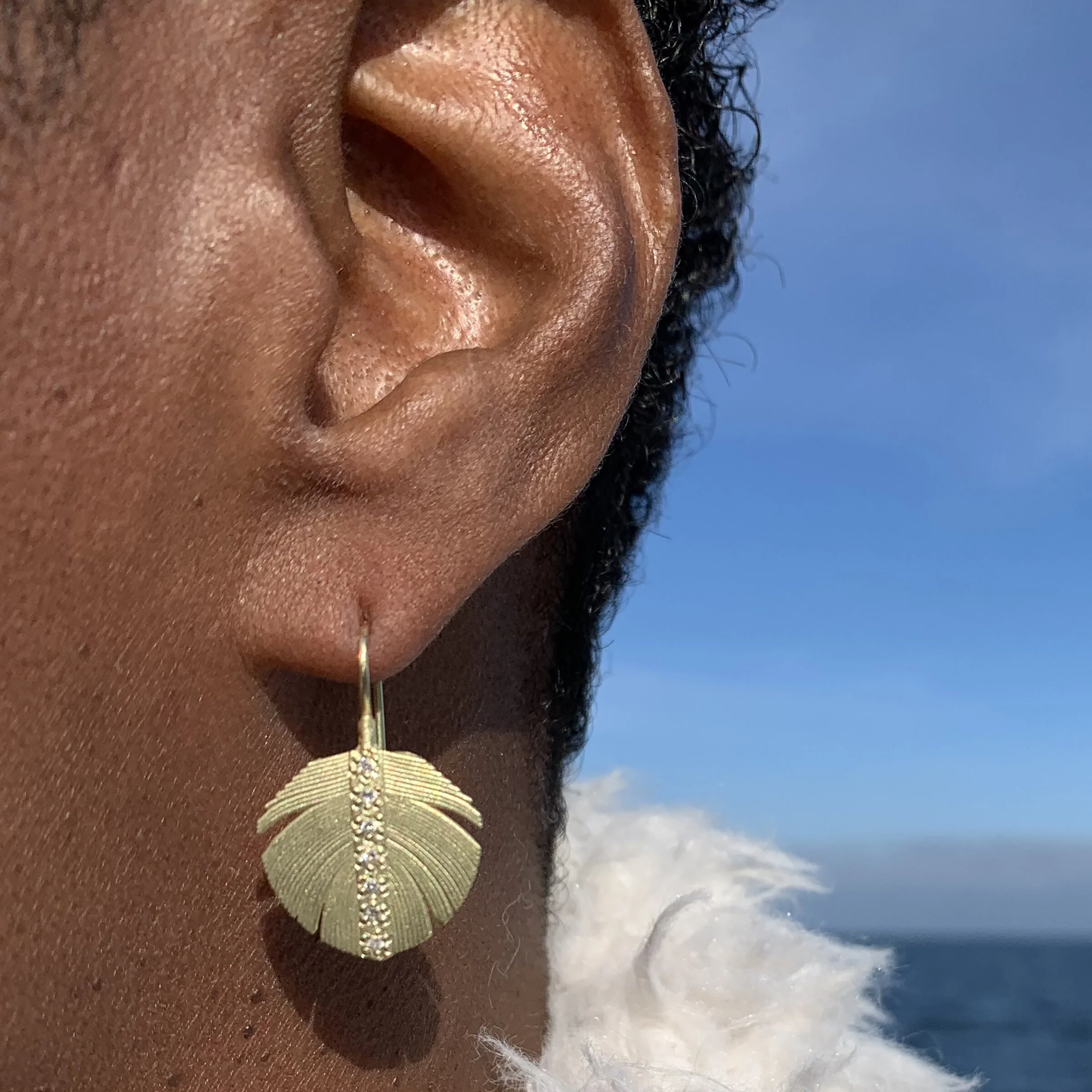 Wide Gold & Diamond Feather Earrings - Image 2
