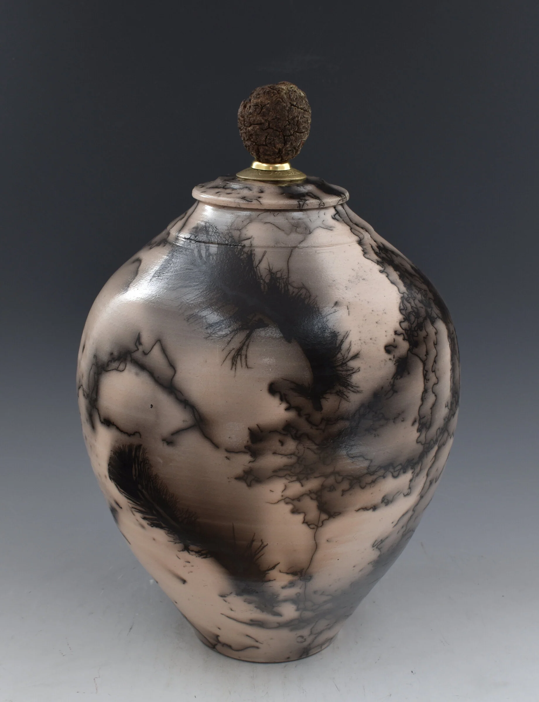 Horsehair Raku Stoneware Vessel with Oak Finial - Image 2