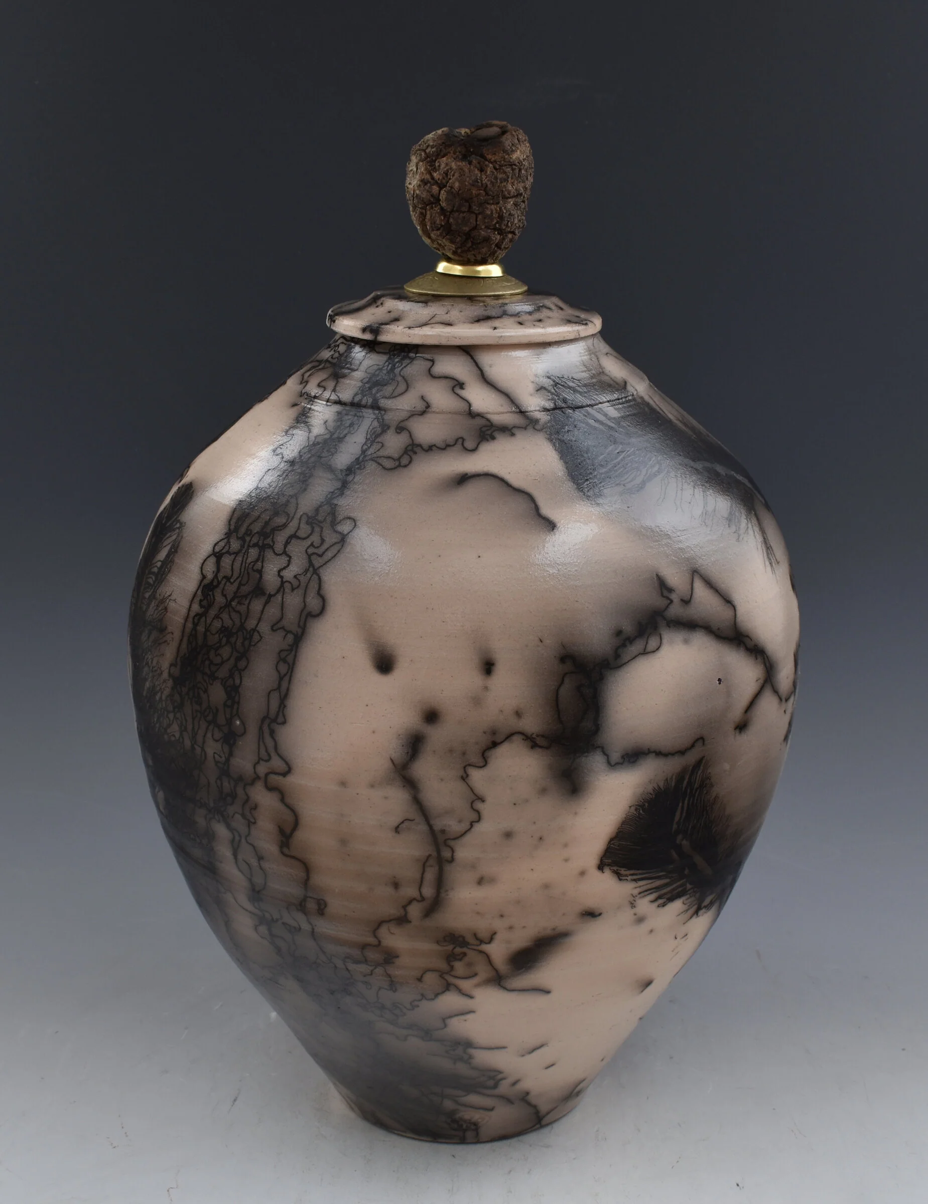 Horsehair Raku Stoneware Vessel with Oak Finial - Image 3